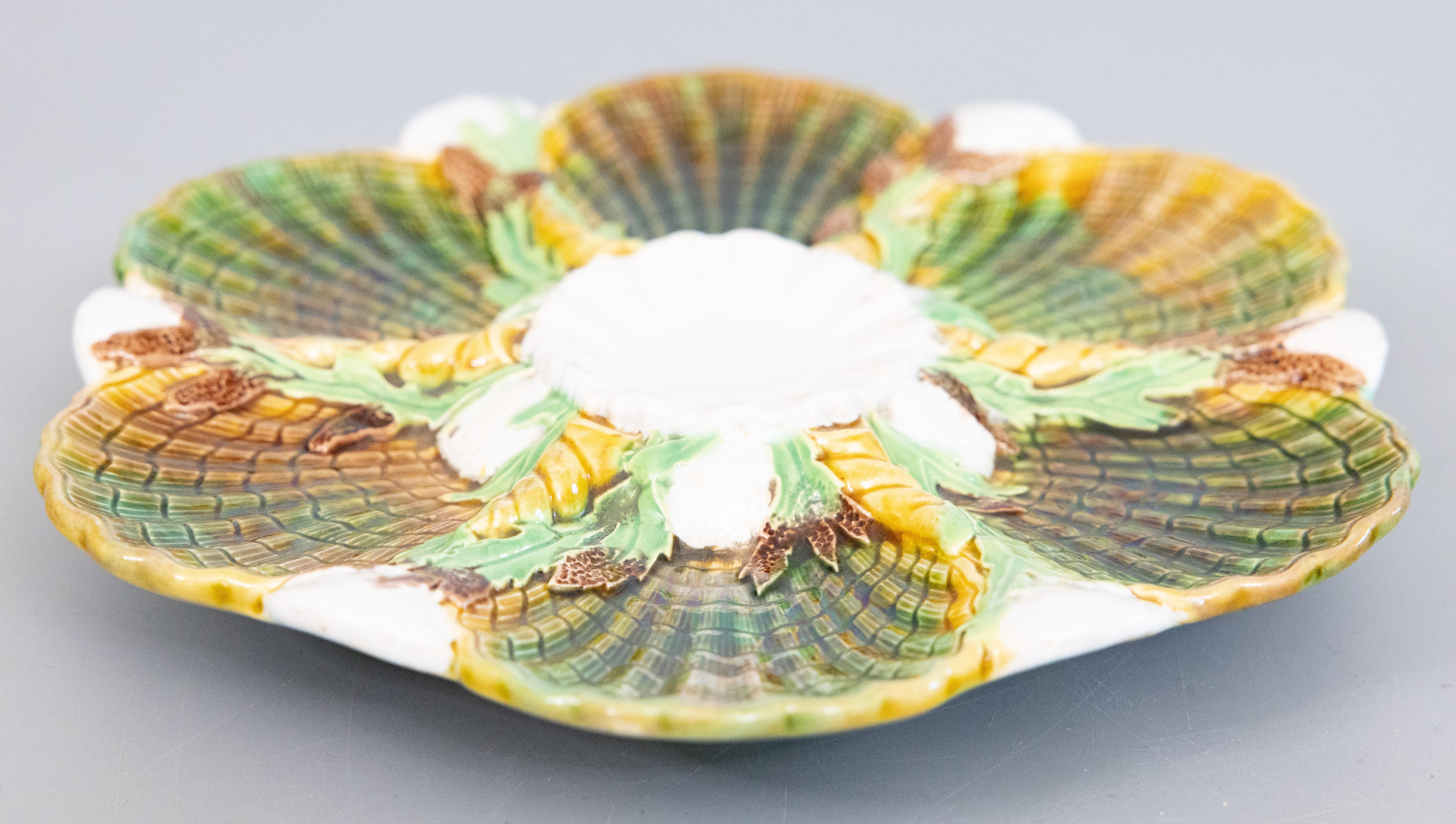 Glazed Antique English George Jones Majolica Seaweed Oyster Plate, Dated 1878 For Sale
