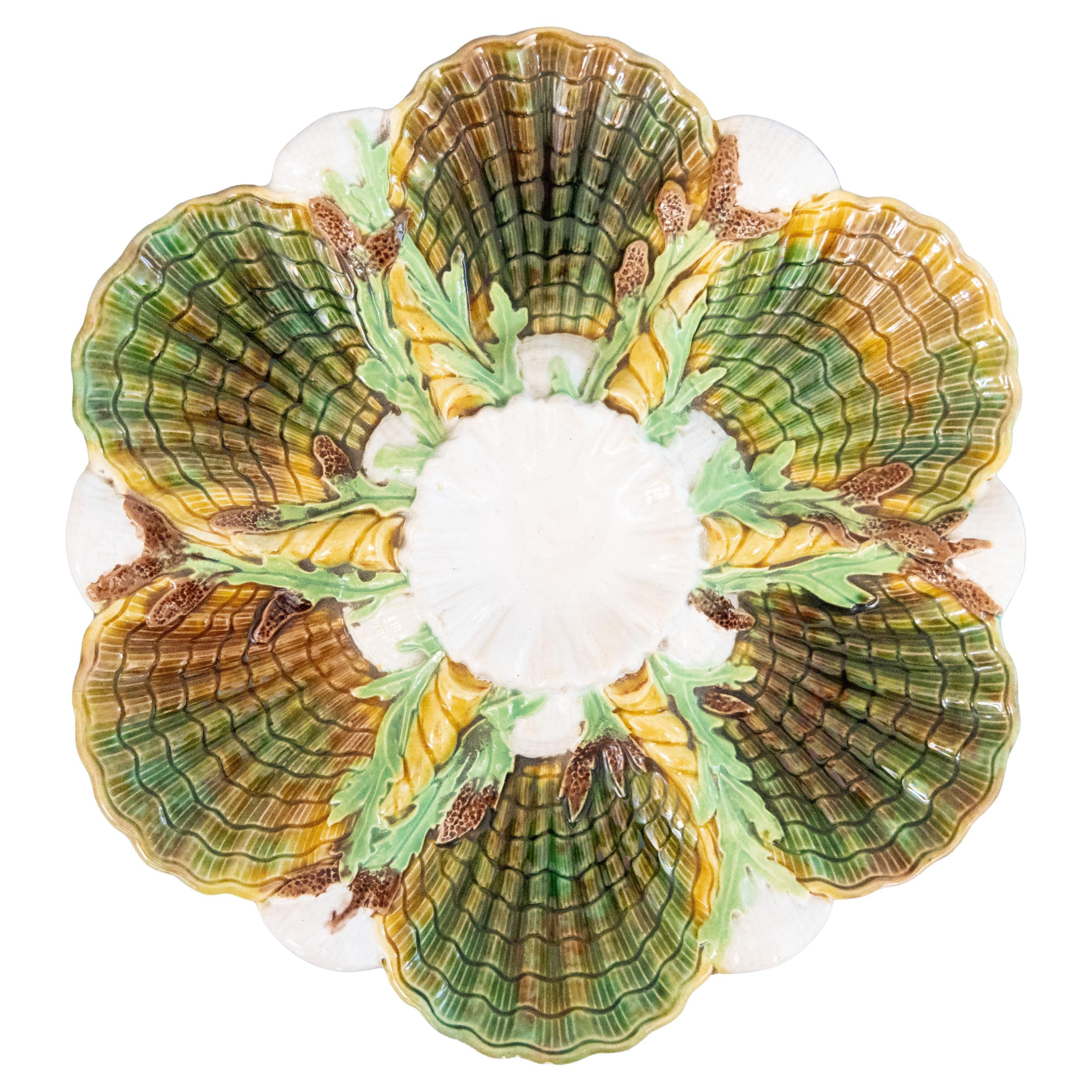 Antique English George Jones Majolica Seaweed Oyster Plate, Dated 1878 For Sale
