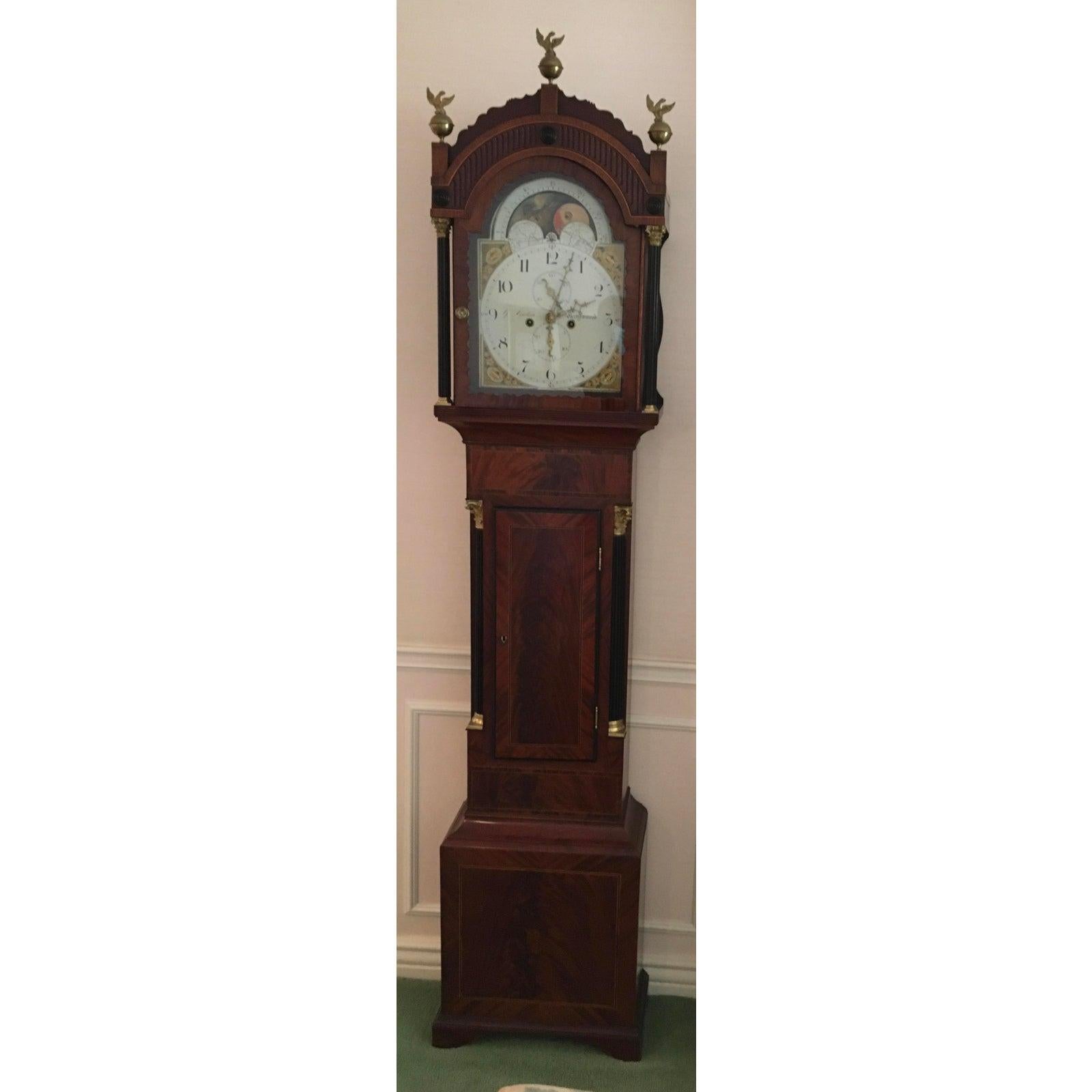 Antique English George Lawton of Kingswood English Mahogany Long Case Clock In Good Condition In LOS ANGELES, CA