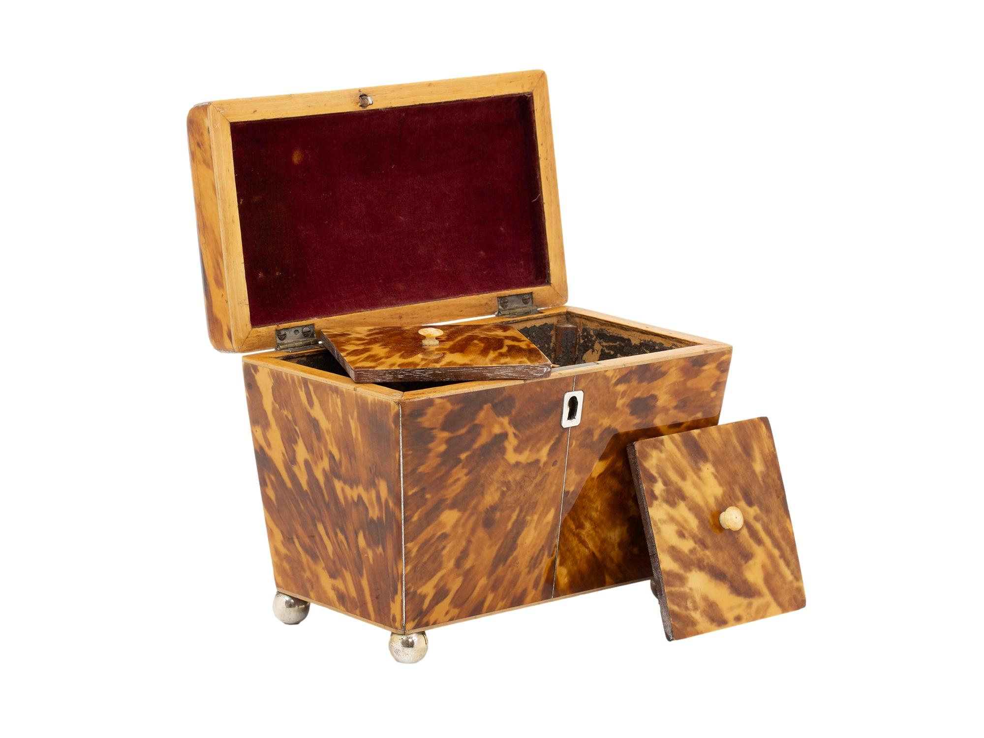 Silver Plate Antique English Georgian Blonde Tortoiseshell Tea Caddy For Sale