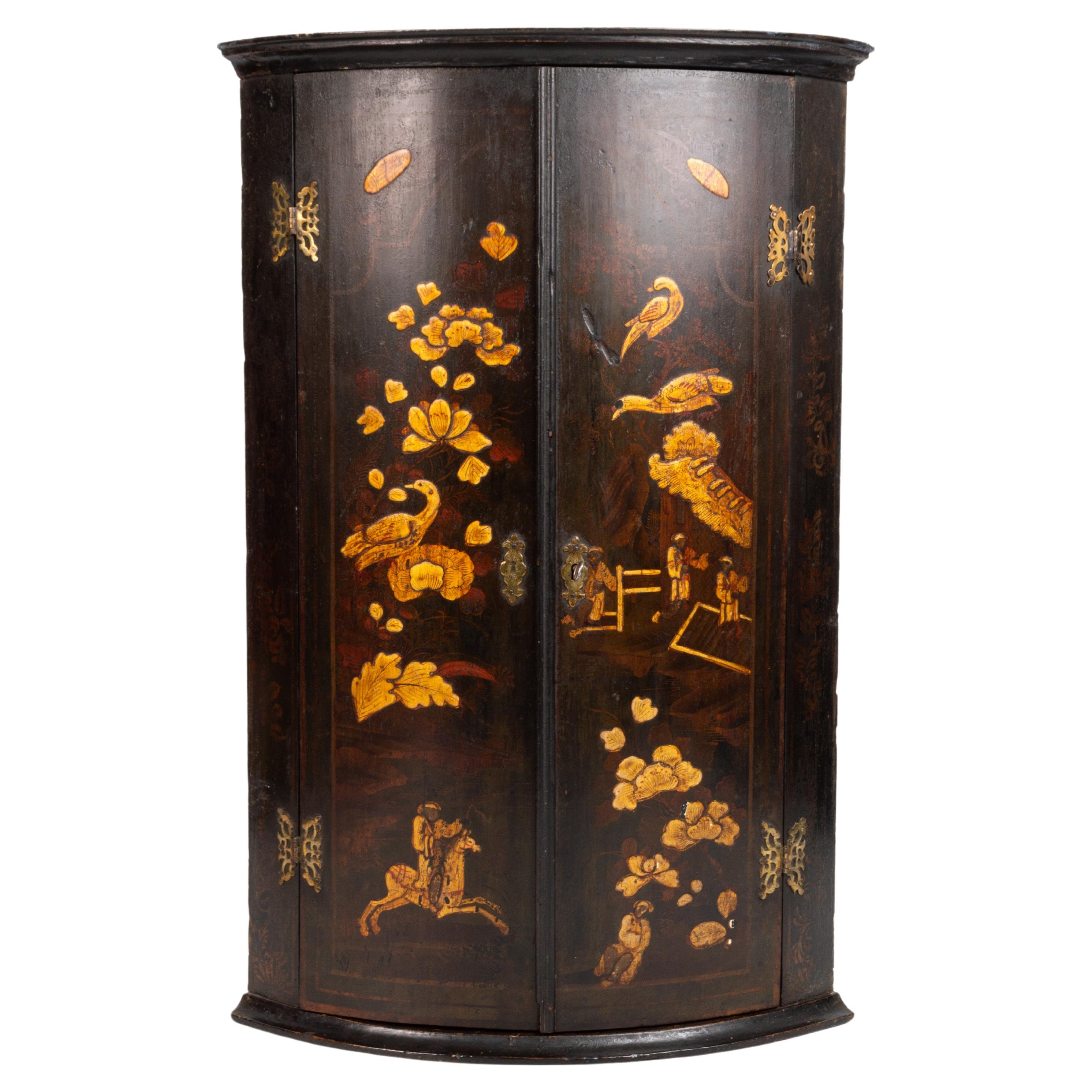 Antique English Georgian Chinoiserie Lacquered Hanging Bow Front Corner Cupboard For Sale