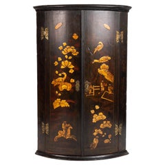 Antique English Georgian Chinoiserie Lacquered Hanging Bow Front Corner Cupboard