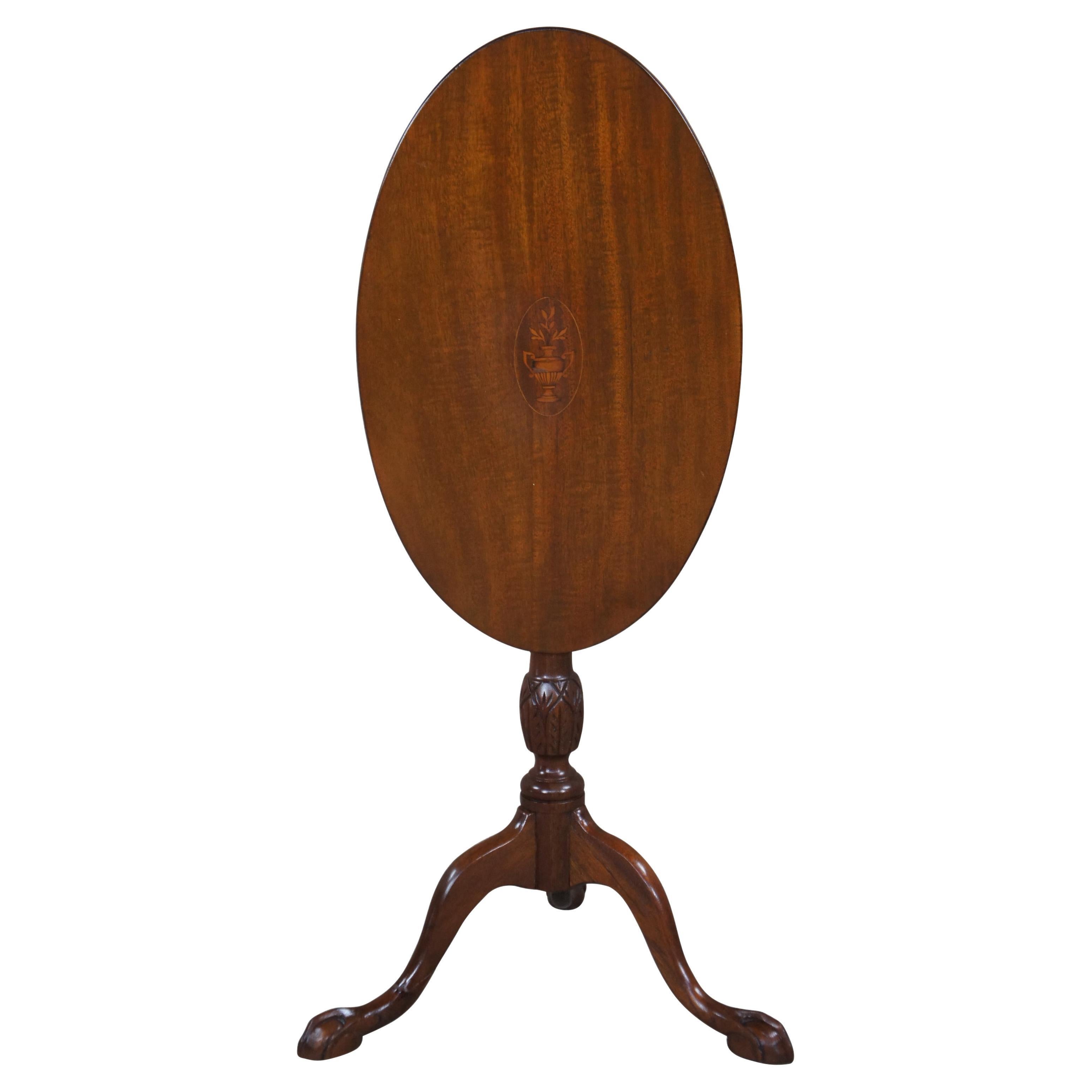 Antique English Georgian Chippendale Style Mahogany Inlaid Oval Tilt Top Table For Sale