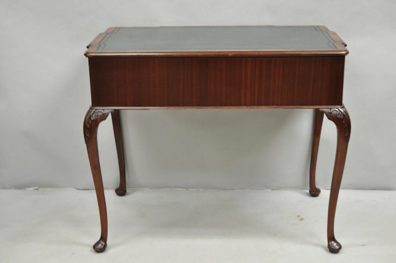 Antique English Georgian Crotch Mahogany Green Leather Top Small Writing Desk For Sale 7