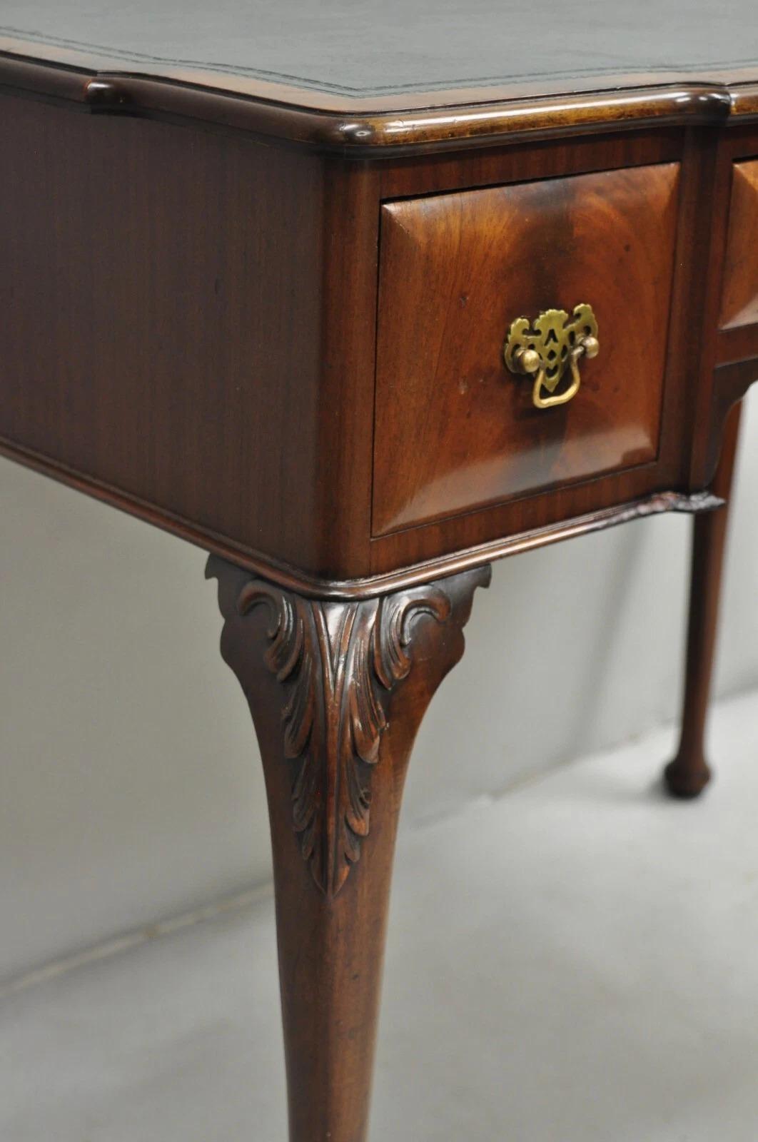 Antique English Georgian Crotch Mahogany Green Leather Top Small Writing Desk For Sale 1