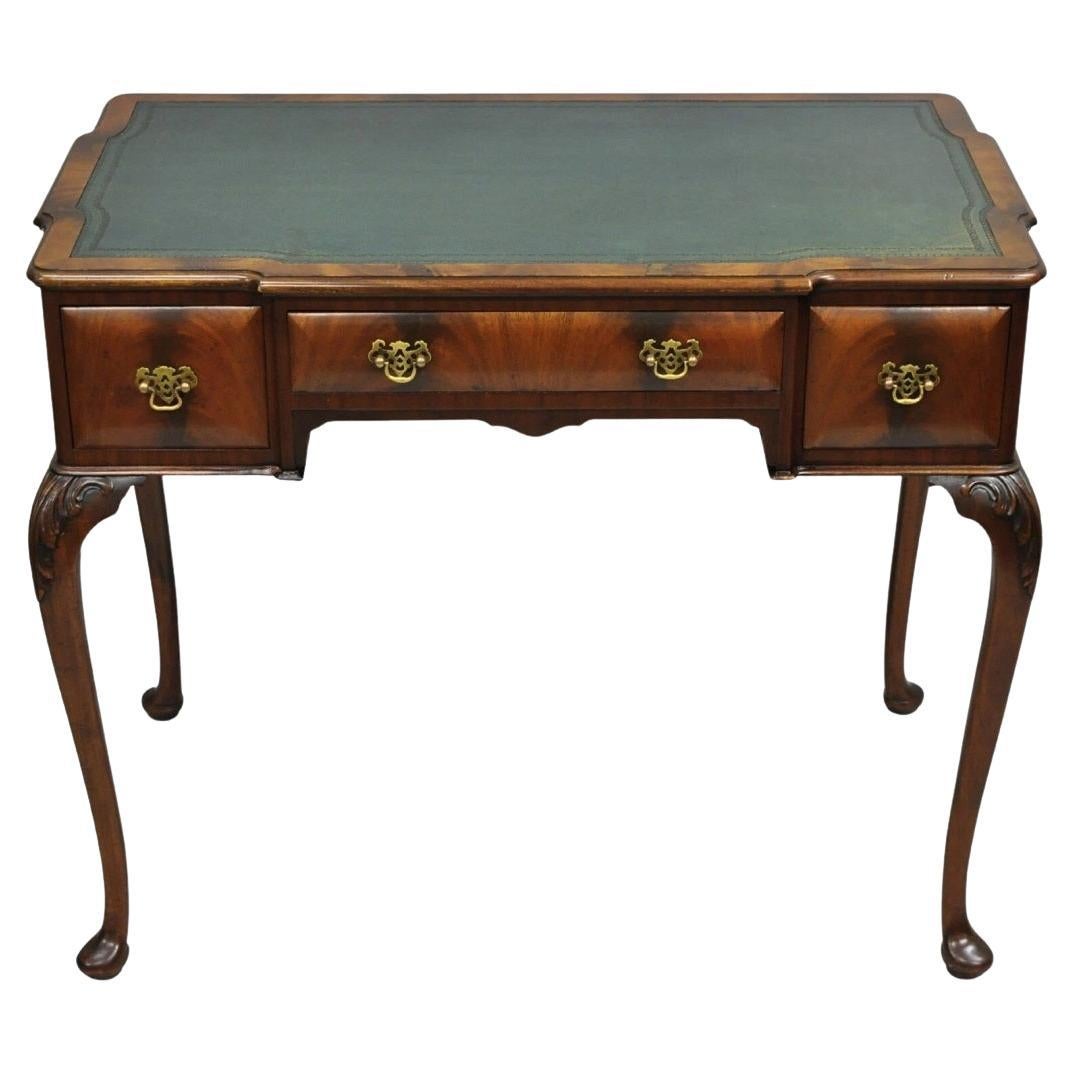 Antique English Georgian Crotch Mahogany Green Leather Top Small Writing Desk For Sale