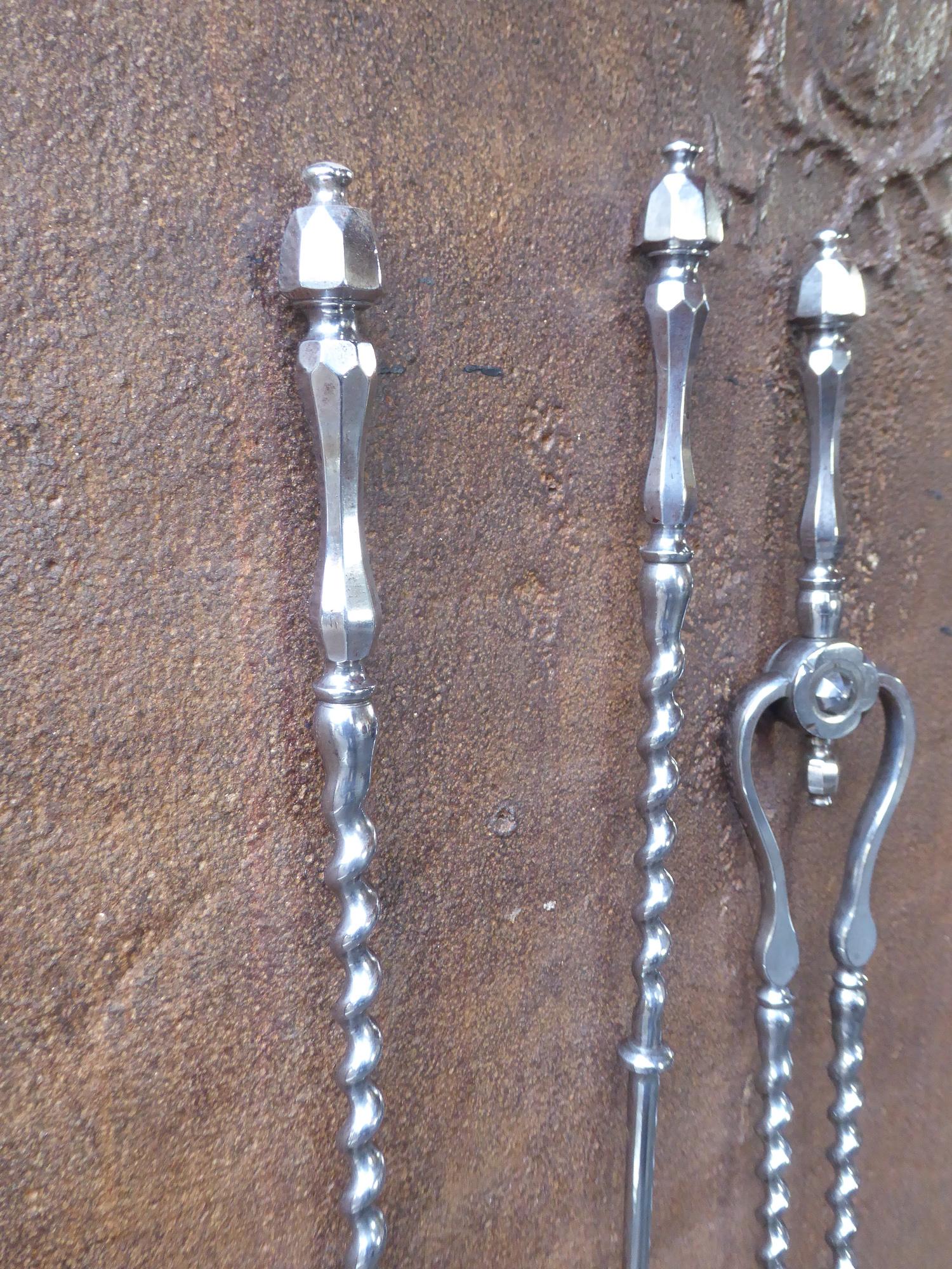 British Antique English Georgian Fireplace Tools or Fire Irons, Polished Steel