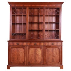 Antique English Georgian Flame Mahogany Breakfront Bookcase Cabinet, Circa 1890