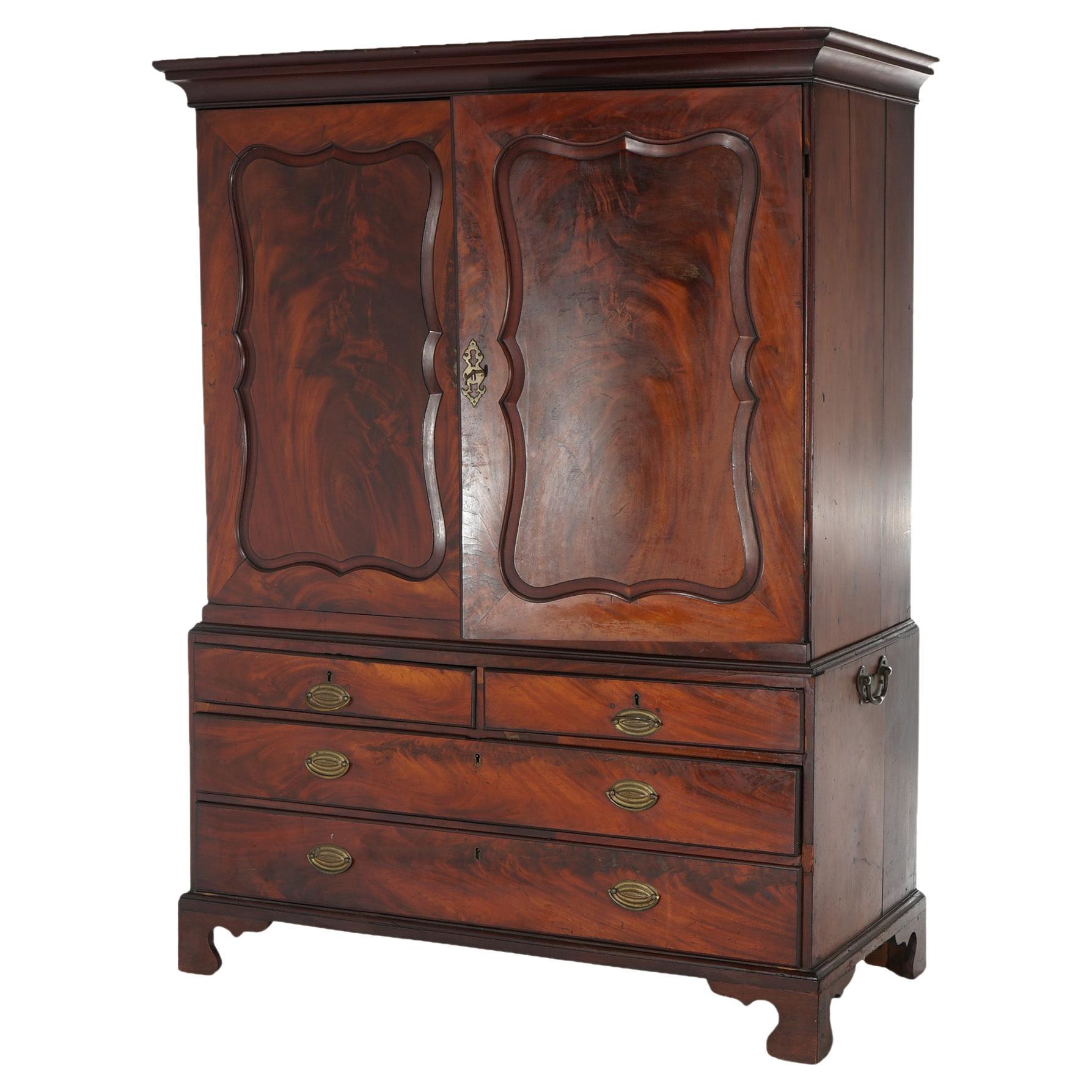 Antique English Georgian Flame Mahogany Linen Press Circa 1810 For Sale