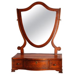 Antique English Georgian Flame Mahogany Shield Form Shaving Mirror, circa 1810