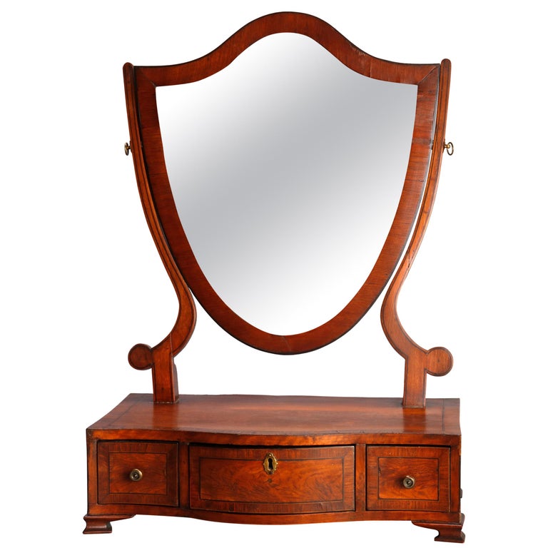 Antique English Flame Mahogany Shield Form Shaving Mirror