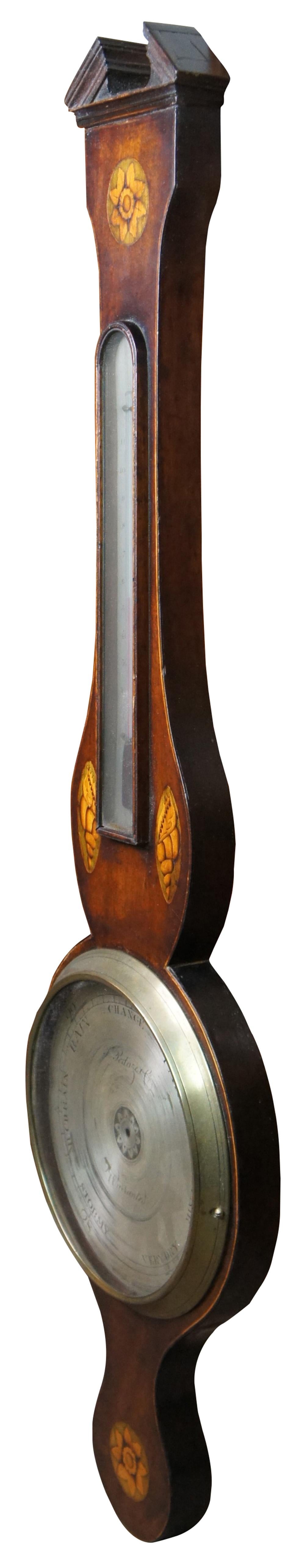 18th Century Antique English Georgian Fruitwood Inlaid Banjo Wheel Barometer Thermometer For Sale