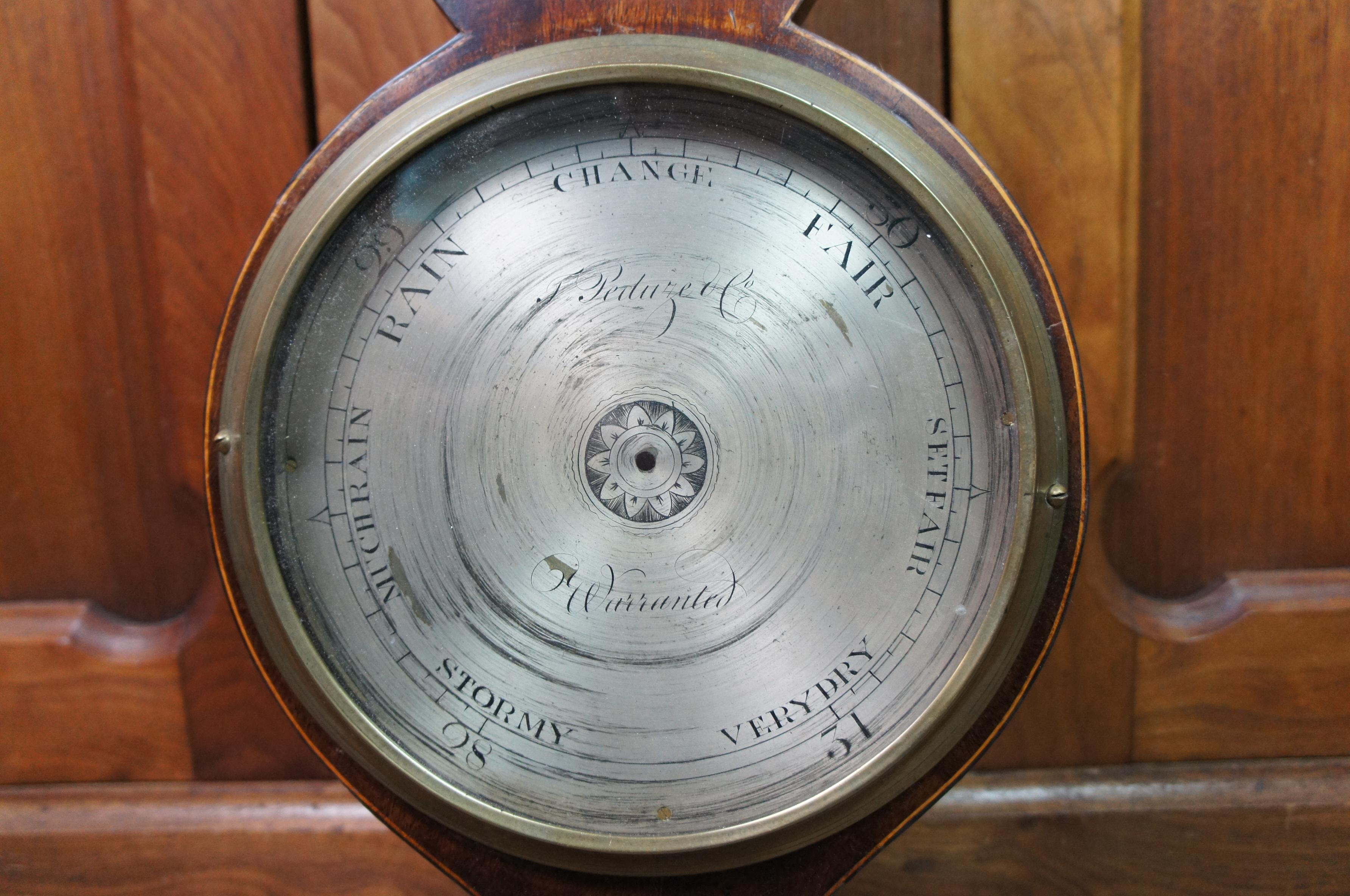 Antique English Georgian Fruitwood Inlaid Banjo Wheel Barometer Thermometer For Sale 1