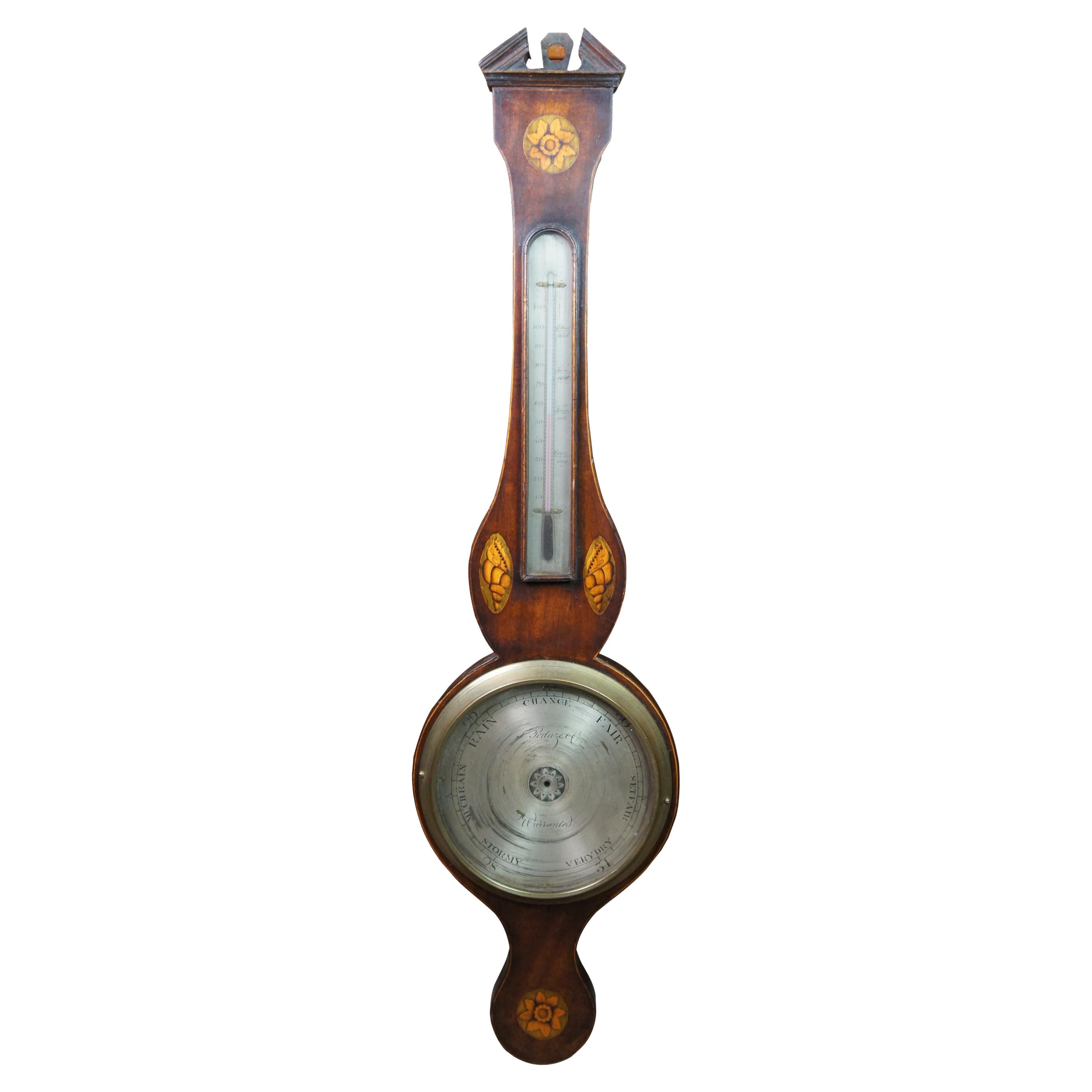 Antikes englisches georgianisches Banjo-Rad-Barometer-thermometer mit Obstholz-Intarsien