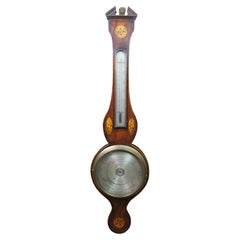 Antique English Georgian Fruitwood Inlaid Banjo Wheel Barometer Thermometer