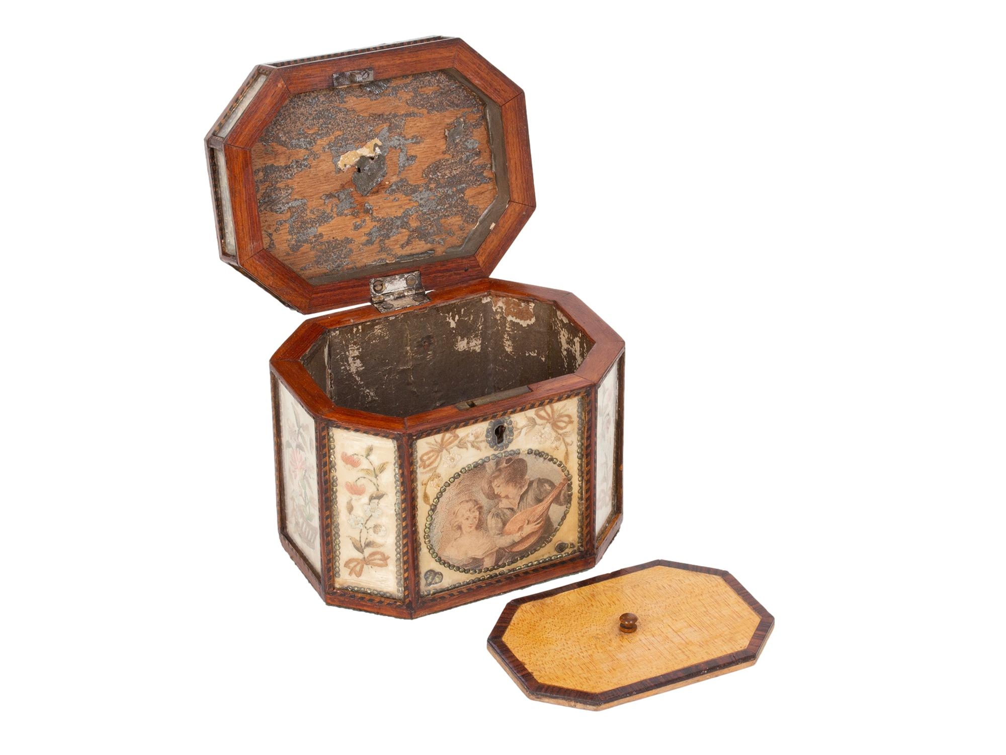 Antique English Georgian Glazed Silk Embroidered Tea Caddy For Sale 3