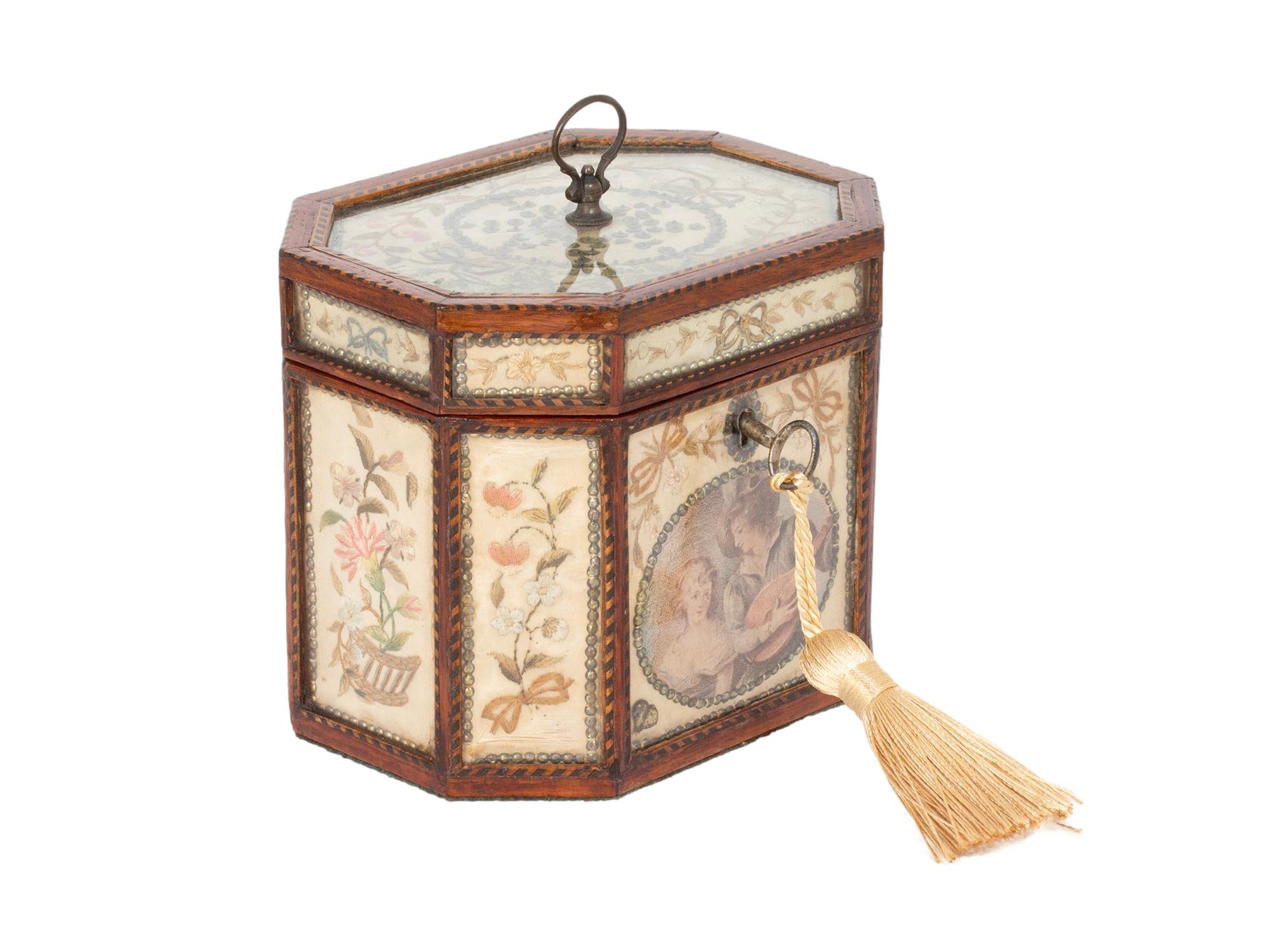Octagonal Shape with Glazed Panels 

From our Tea Caddy collection, we are delighted to bring to market this wonderful example Georgian Glazed Silk Embroidered Tea Caddy. The Tea Caddy of squared octagonal shape with canted corners mounted in a