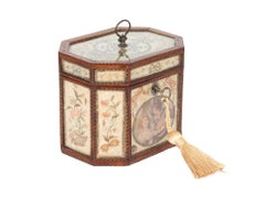Antique English Georgian Glazed Silk Embroidered Tea Caddy