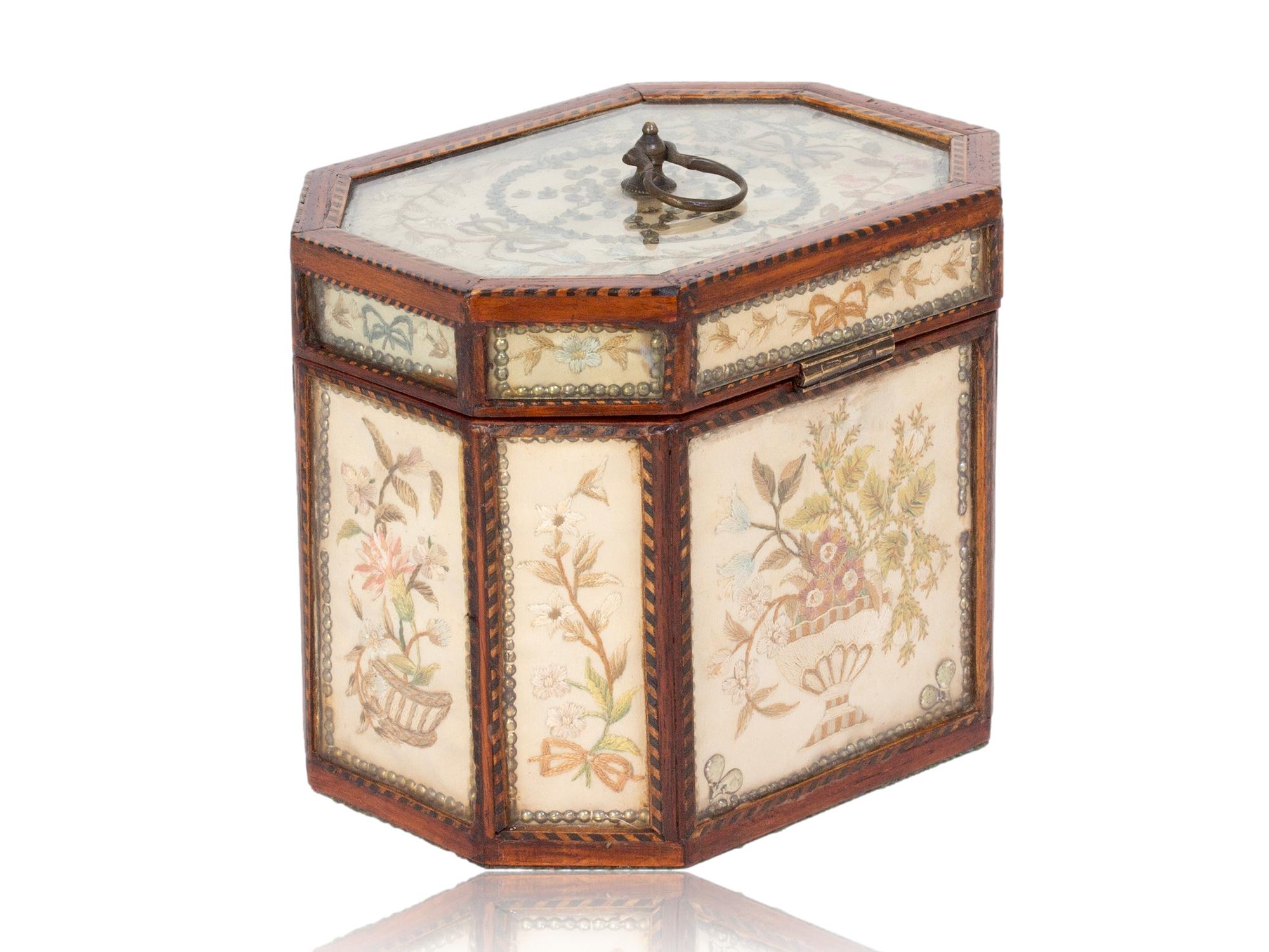 George III Antique English Georgian Glazed Silk Embroidered Tea Caddy For Sale