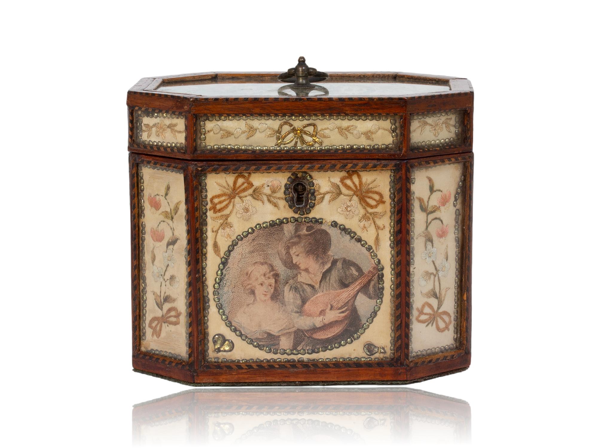 Hand-Carved Antique English Georgian Glazed Silk Embroidered Tea Caddy For Sale