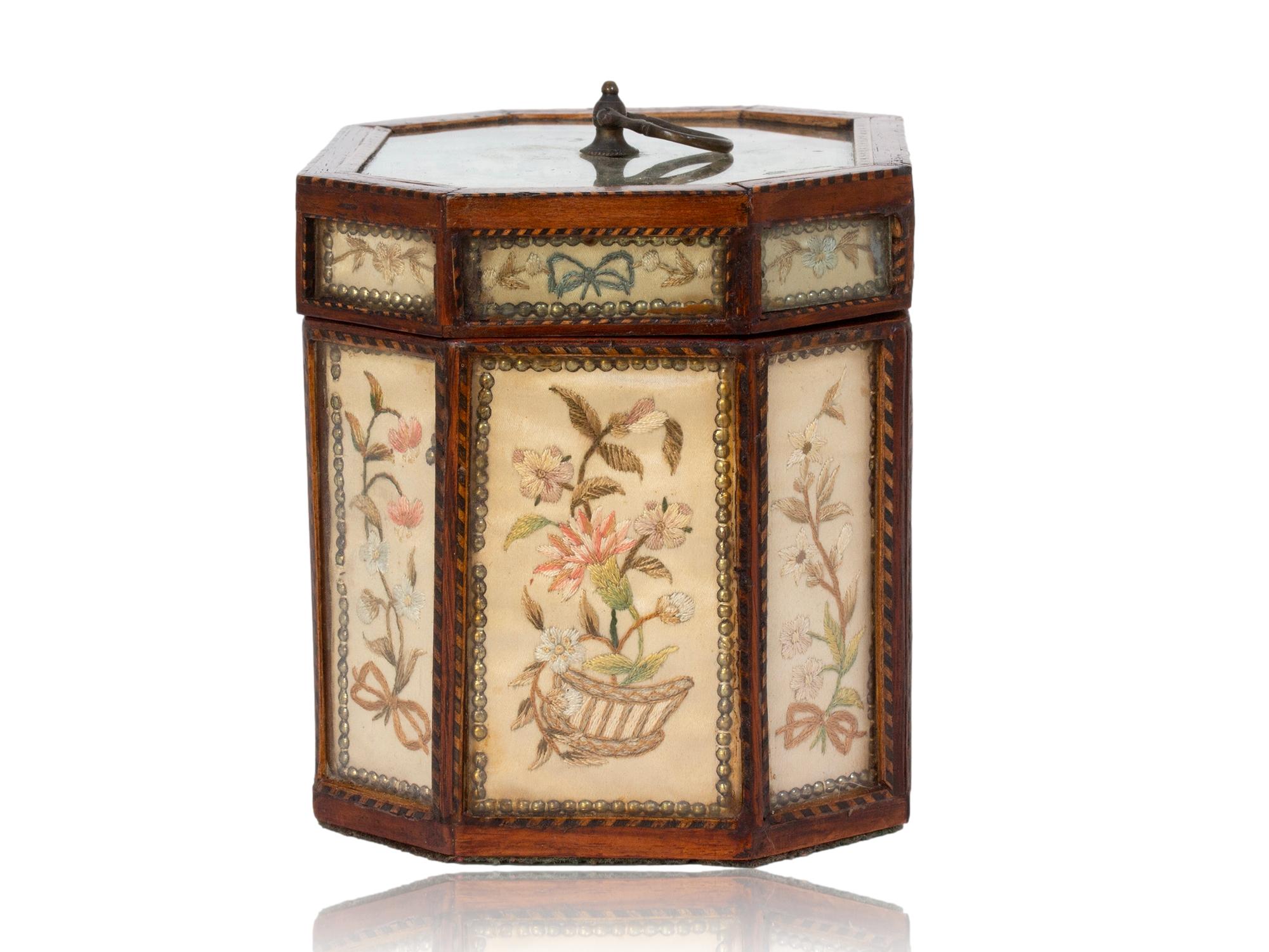 Antique English Georgian Glazed Silk Embroidered Tea Caddy In Good Condition For Sale In Northampton, GB