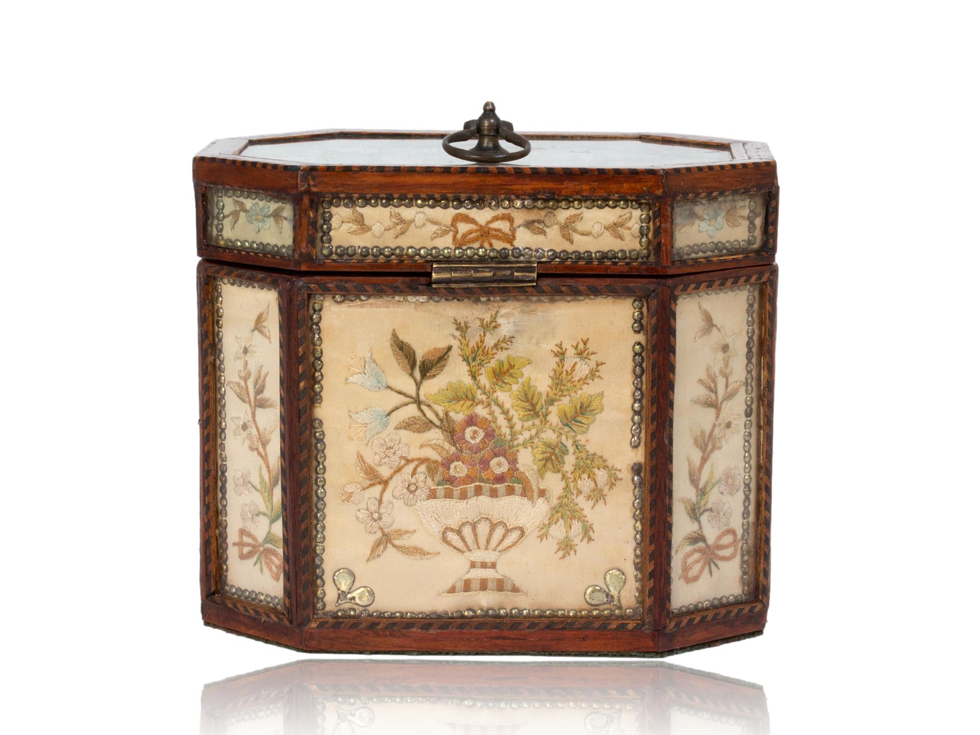 18th Century Antique English Georgian Glazed Silk Embroidered Tea Caddy For Sale