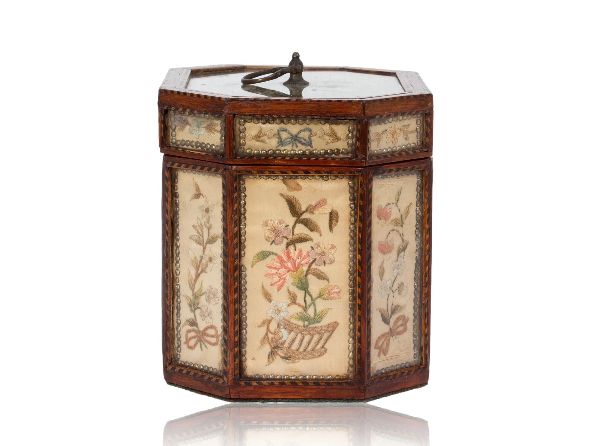 Glass Antique English Georgian Glazed Silk Embroidered Tea Caddy For Sale