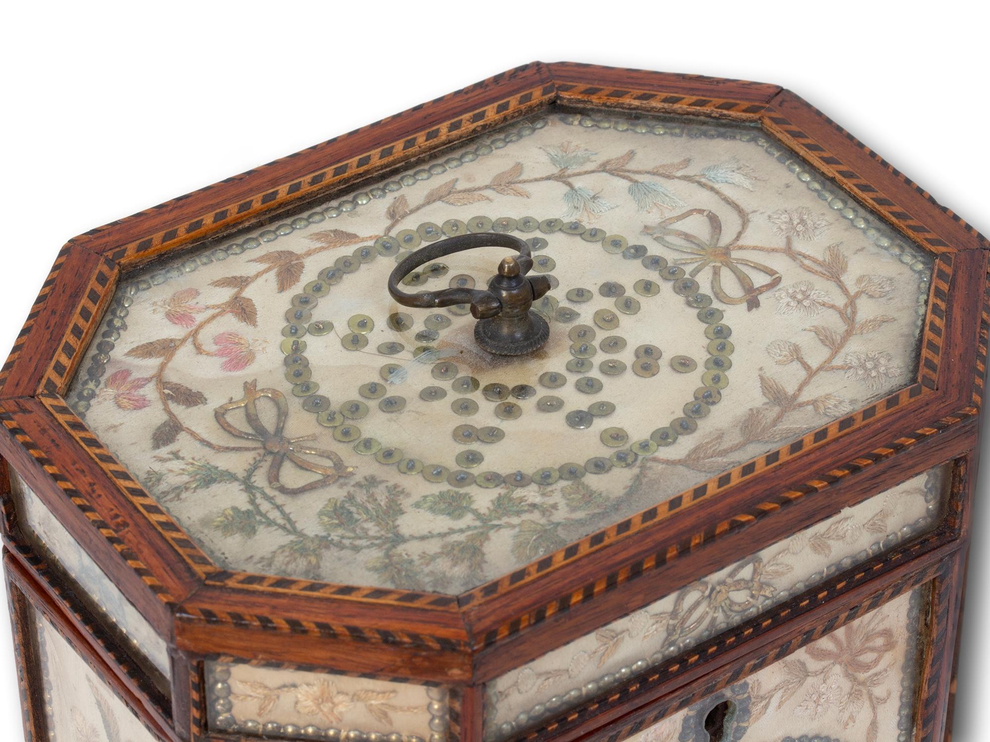 Antique English Georgian Glazed Silk Embroidered Tea Caddy For Sale 1