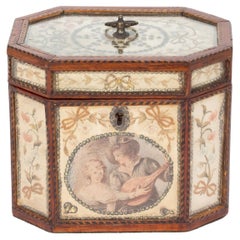 Ancienne boîte à thé anglaise géorgienne en soie brodée et émaillée