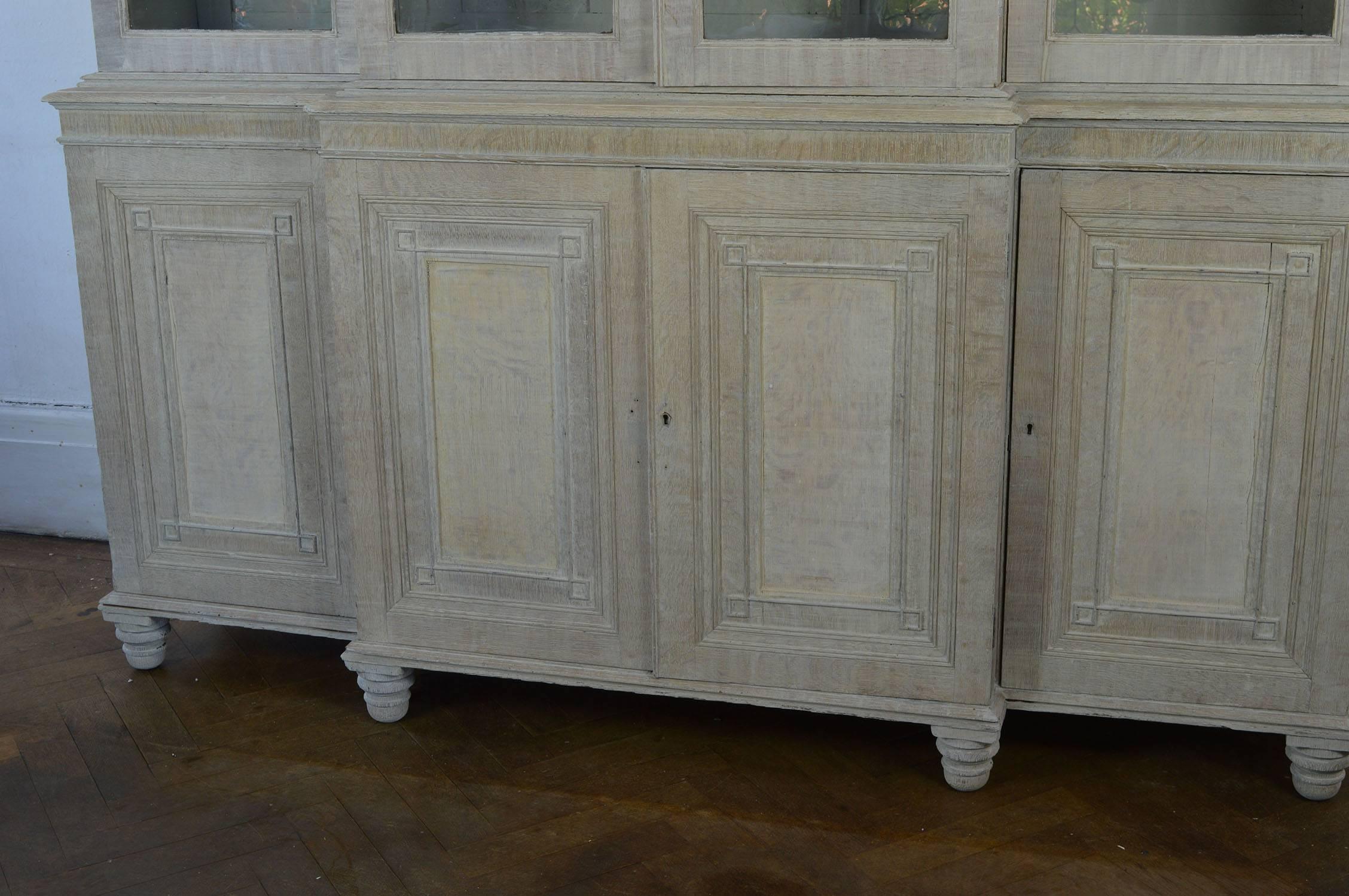 Antique English Georgian Limed Oak Breakfront Cabinet 1