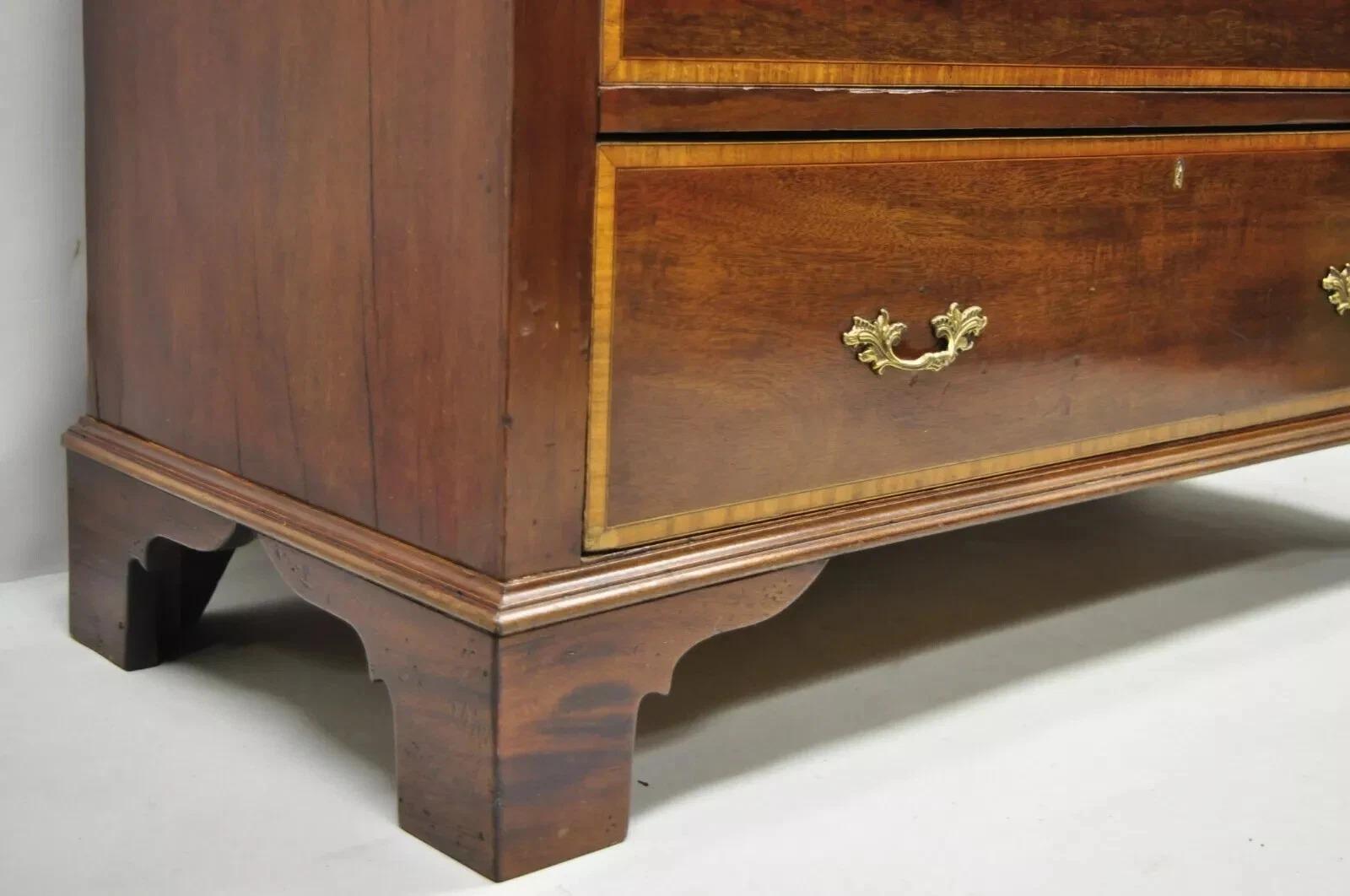 Antique English Georgian Mahogany Banded Satinwood Inlay 5 Drawer Chest Dresser For Sale 6