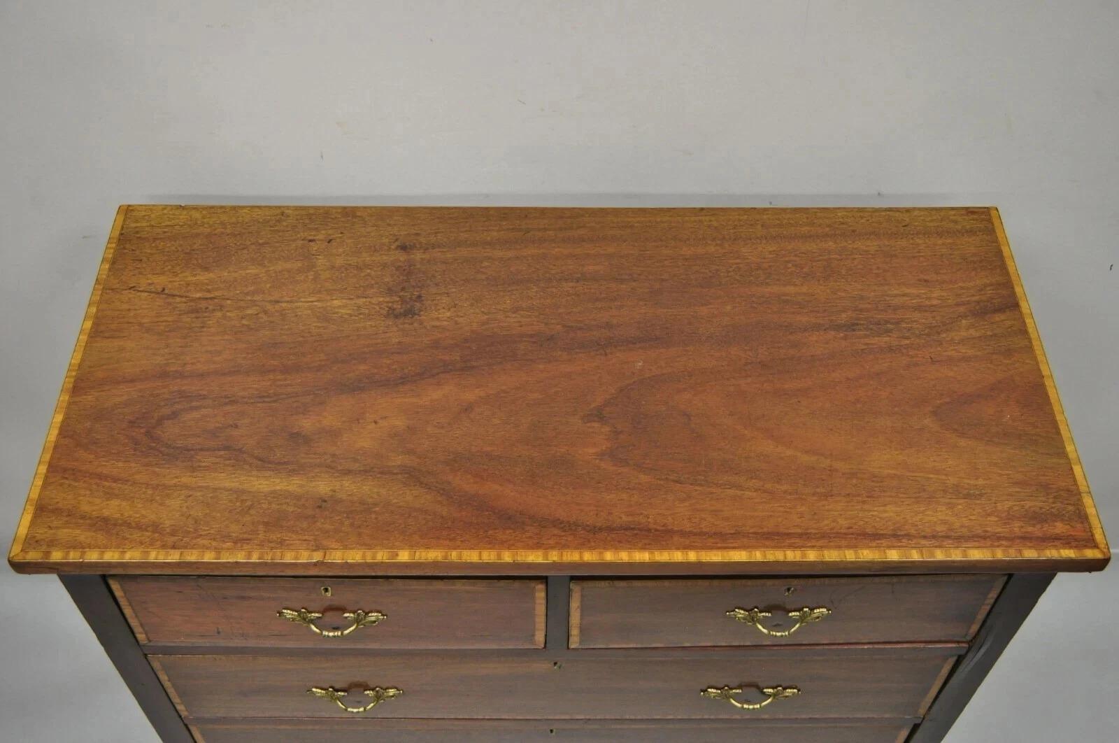 Antique English Georgian Mahogany Banded Satinwood Inlay 5 Drawer Chest Dresser In Good Condition For Sale In Philadelphia, PA