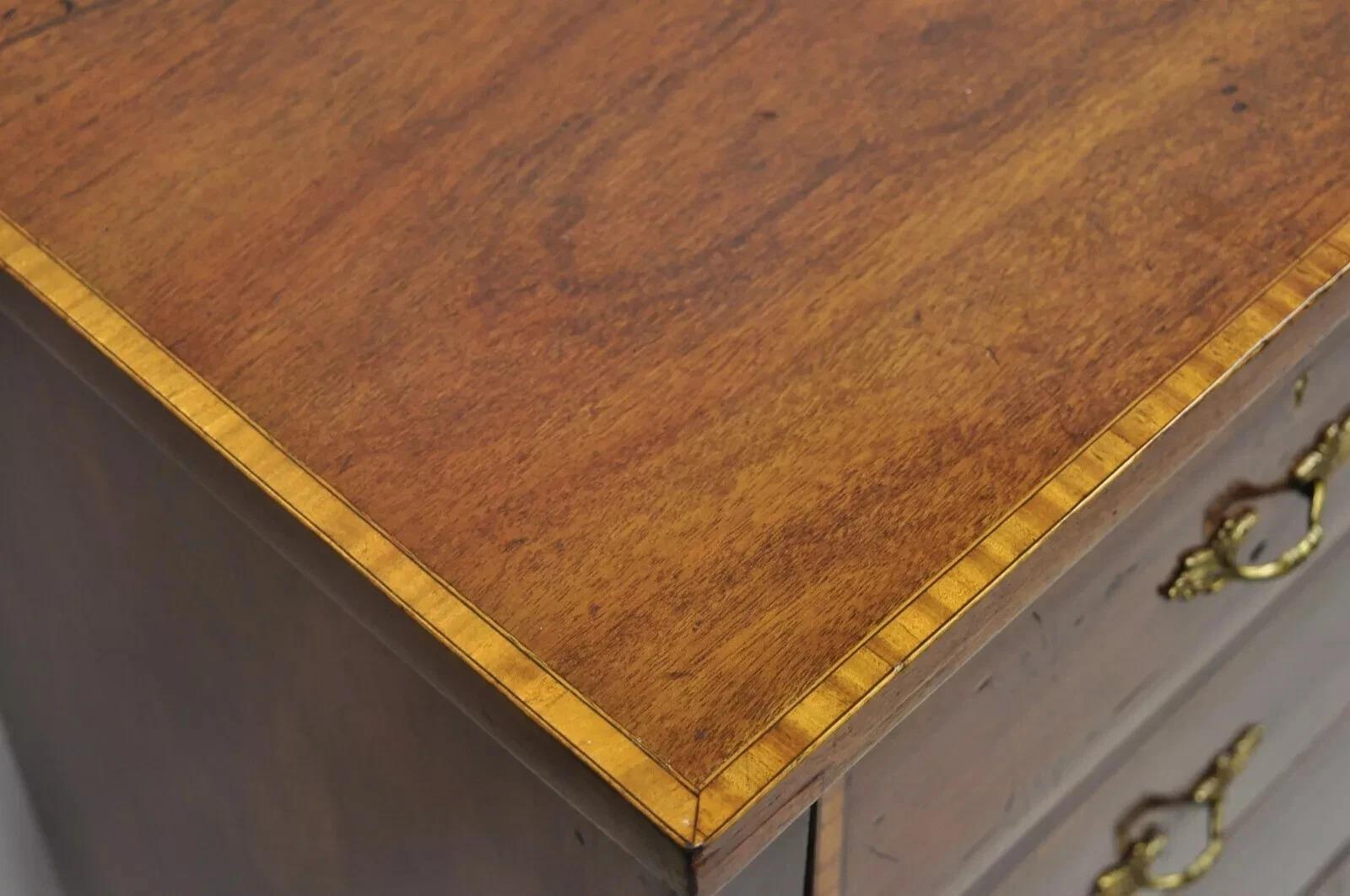 19th Century Antique English Georgian Mahogany Banded Satinwood Inlay 5 Drawer Chest Dresser For Sale