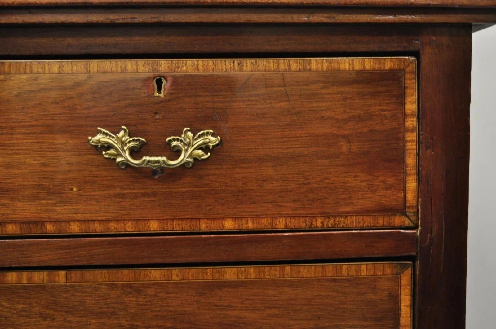 Antique English Georgian Mahogany Banded Satinwood Inlay 5 Drawer Chest Dresser For Sale 1