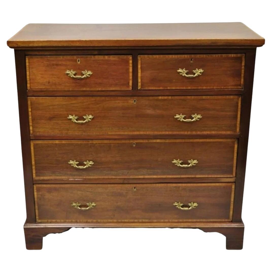 Antique English Georgian Mahogany Banded Satinwood Inlay 5 Drawer Chest Dresser For Sale