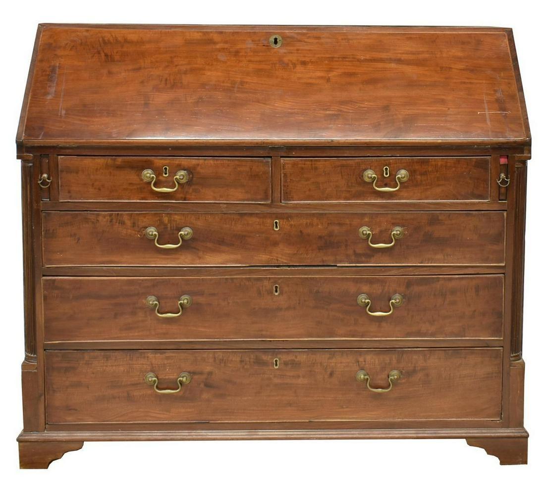 Antique English Georgian mahogany secretary, early 19th c.. This piece features an oak secondary, slant front opening to inset leather writing surface, fitted interior gallery with arcaded niches, small drawers, a center cabinet door with marquetry