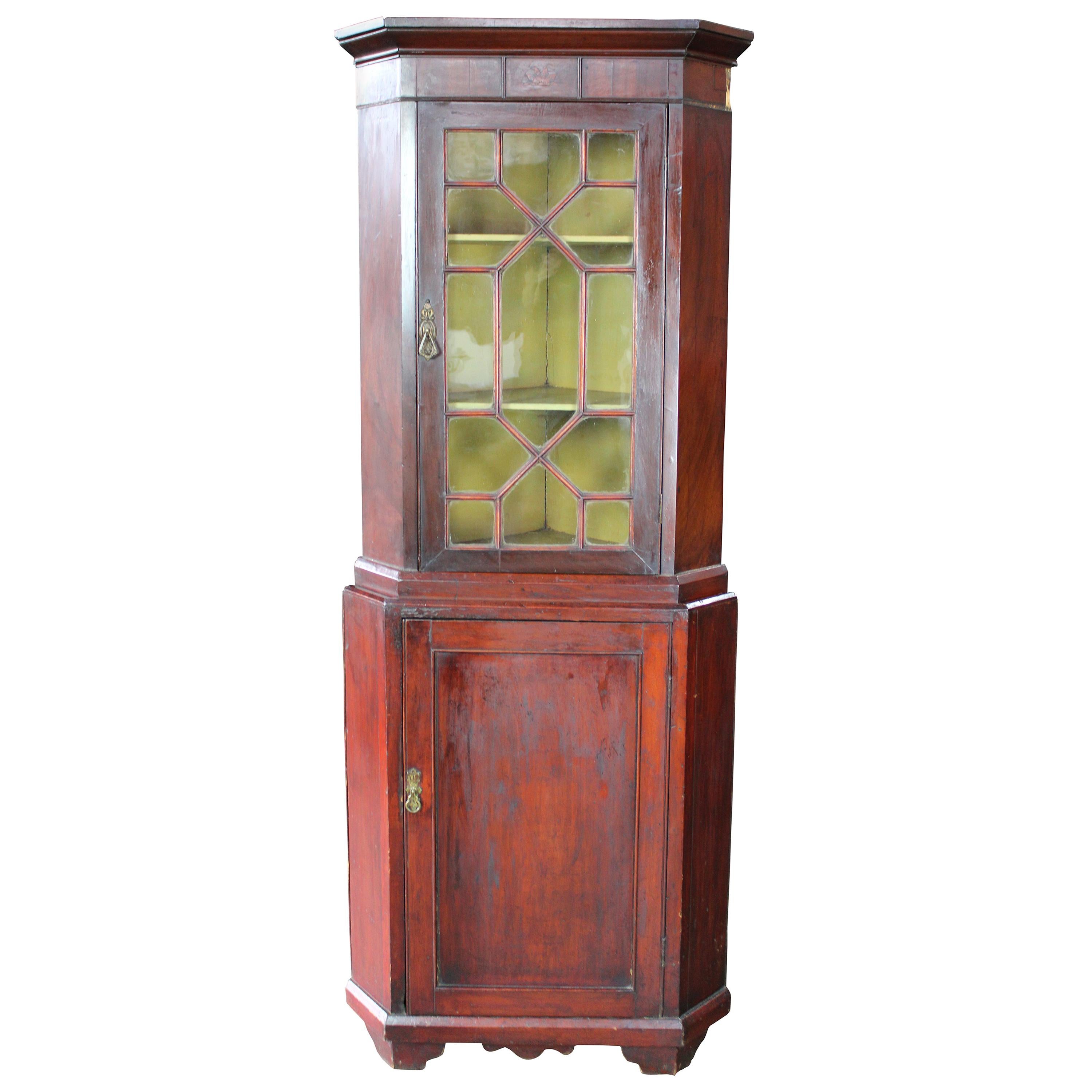 Antique English Georgian Mahogany Corner Cabinet Cupboard Curio Fretwork