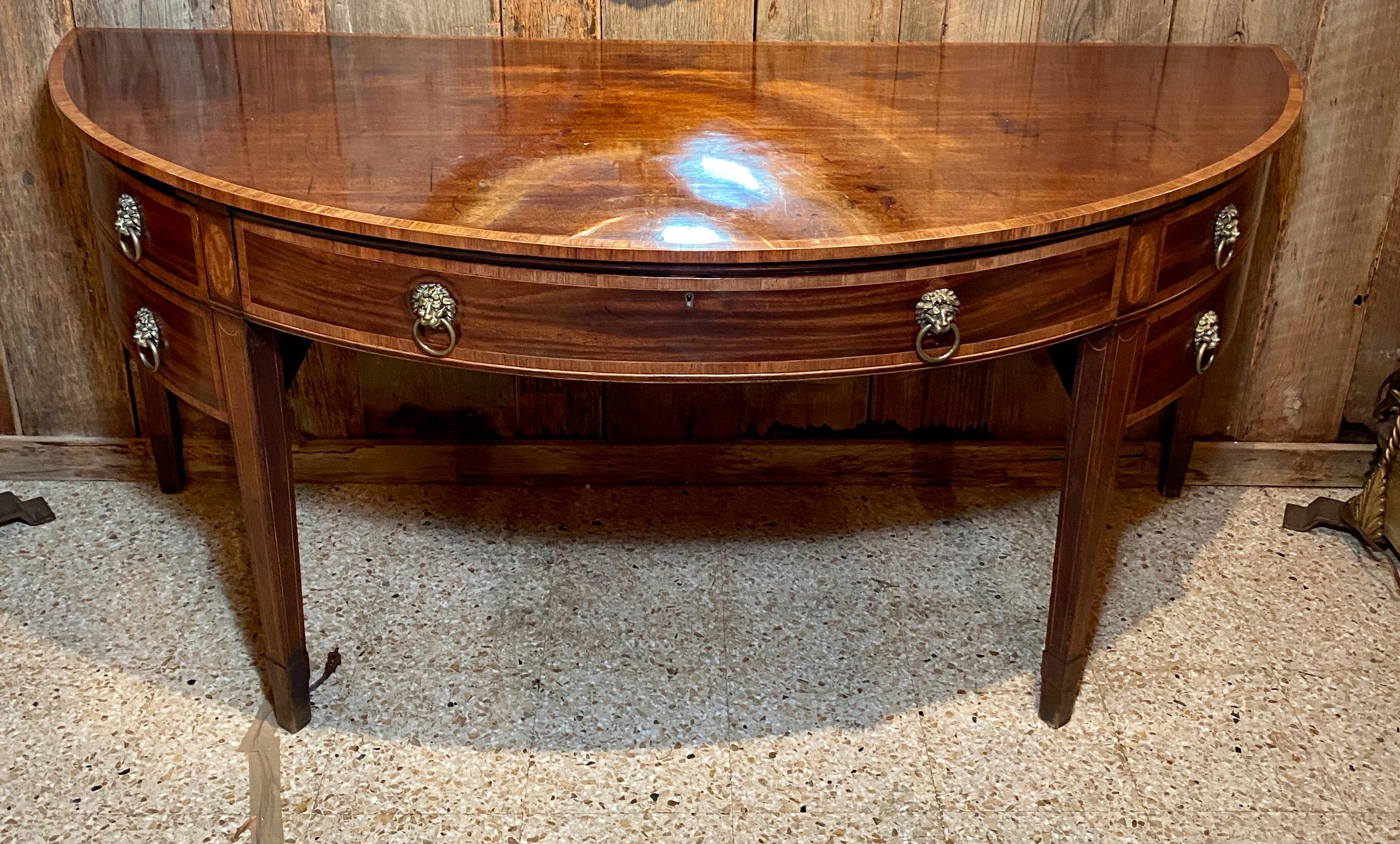 Extraordinary antique English Georgian mahogany demi-lune sideboard, Circa 1810-1830.