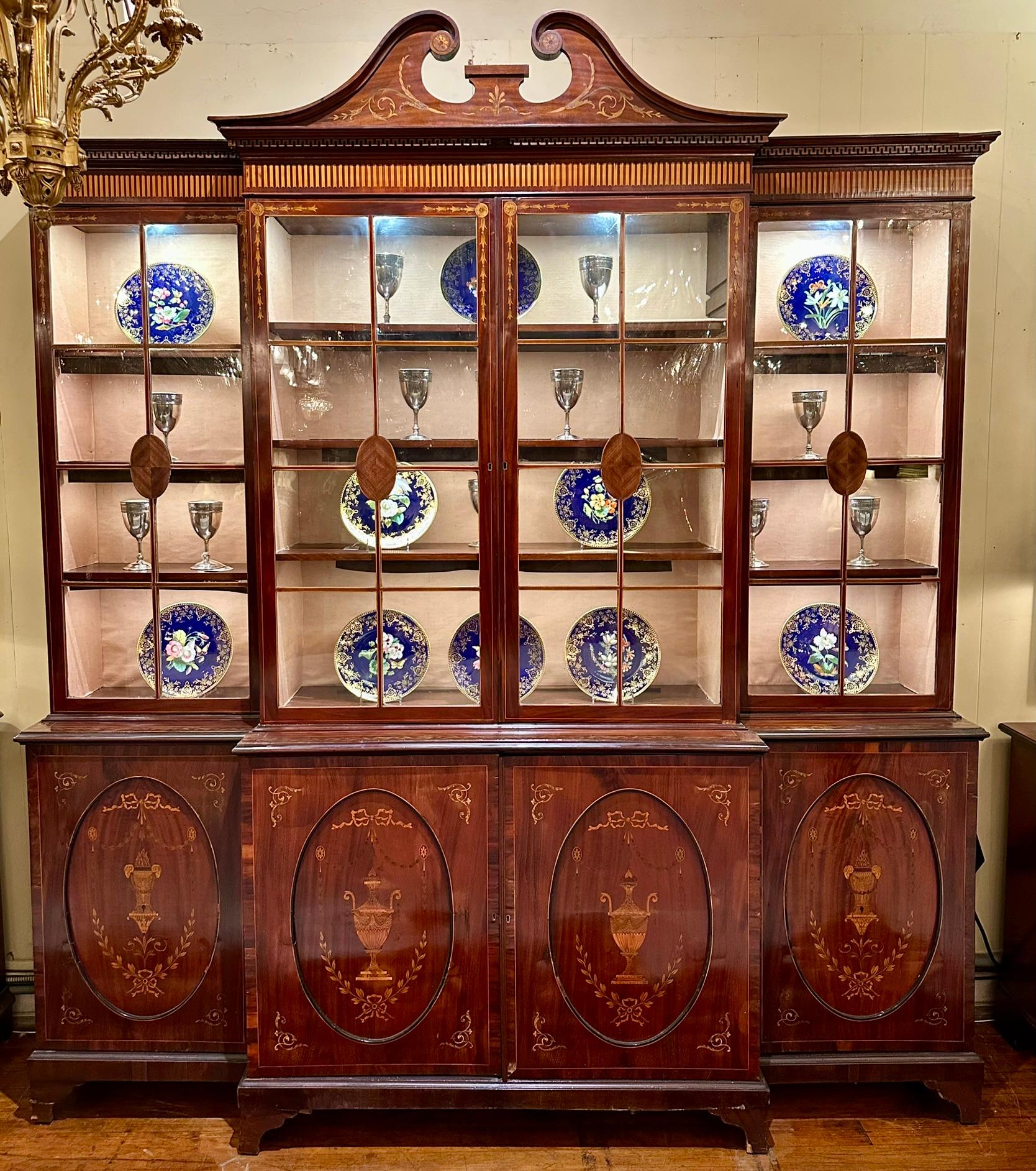 Antique English Georgian Mahogany with Inlay Breakfront Bookcase, Circa 1800-1820.