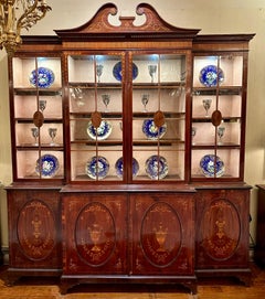 Antique English Georgian Mahogany with Inlay Breakfront Bookcase Circa 1800-1820