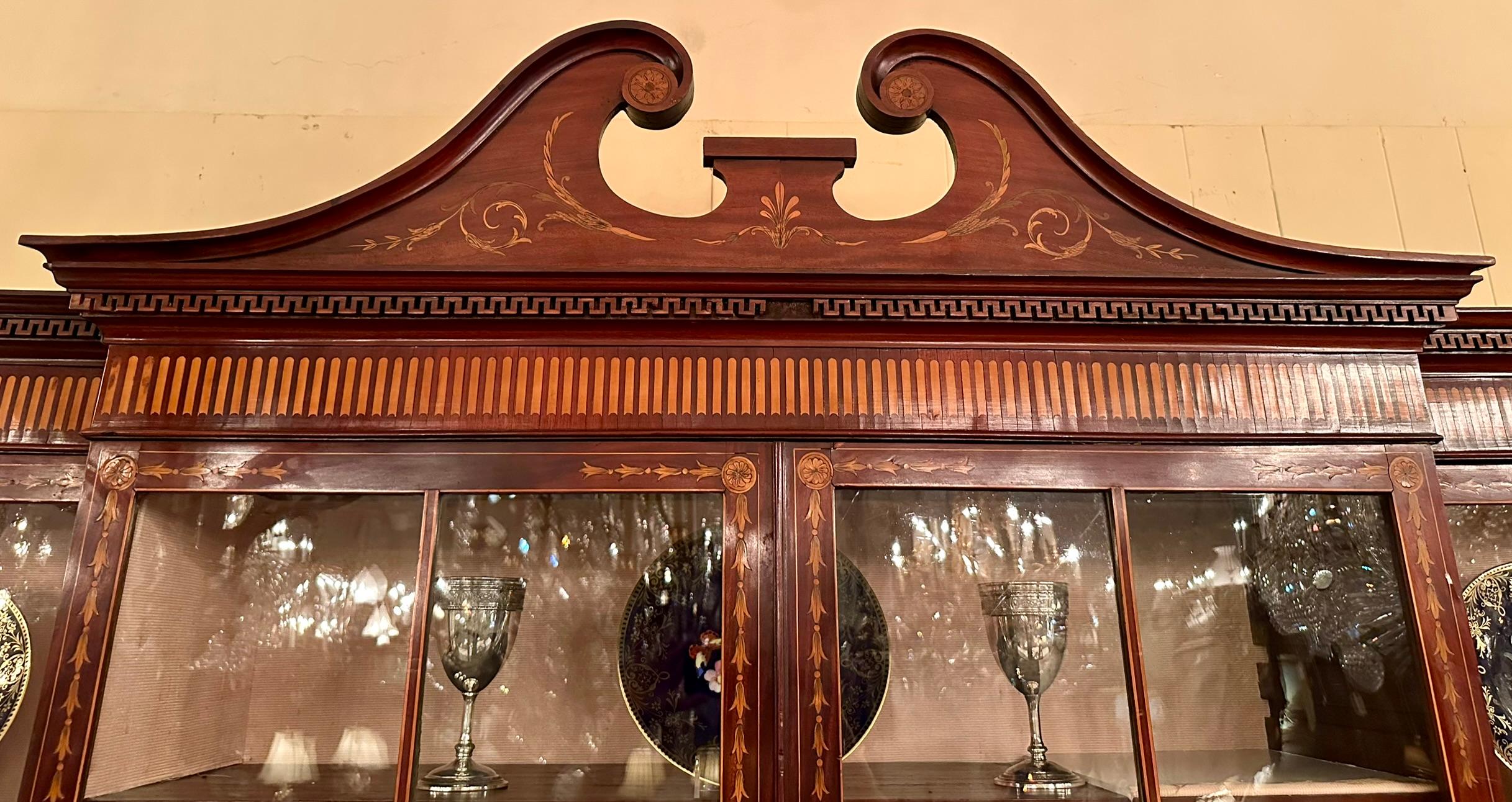 19th Century Antique English Georgian Mahogany with Inlay Breakfront Bookcase Circa 1800-1820 For Sale
