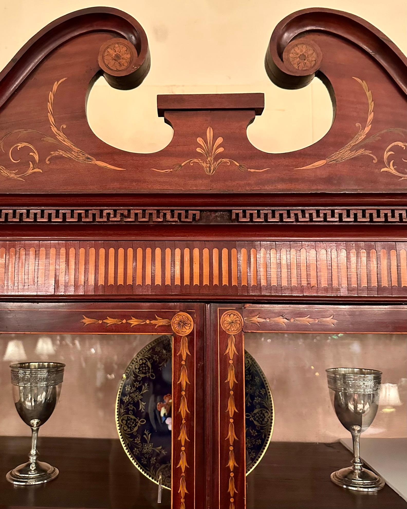 Glass Antique English Georgian Mahogany with Inlay Breakfront Bookcase Circa 1800-1820 For Sale