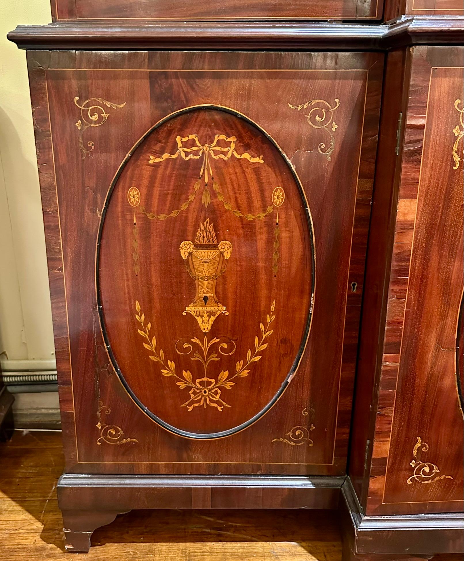 Antique English Georgian Mahogany with Inlay Breakfront Bookcase Circa 1800-1820 For Sale 3