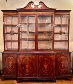 Antique English Georgian Mahogany with Inlay Breakfront Bookcase Circa 1800-1820