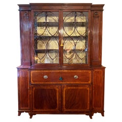 Antique English Georgian Mahogany with Inlay Secretary Breakfront, circa 1840