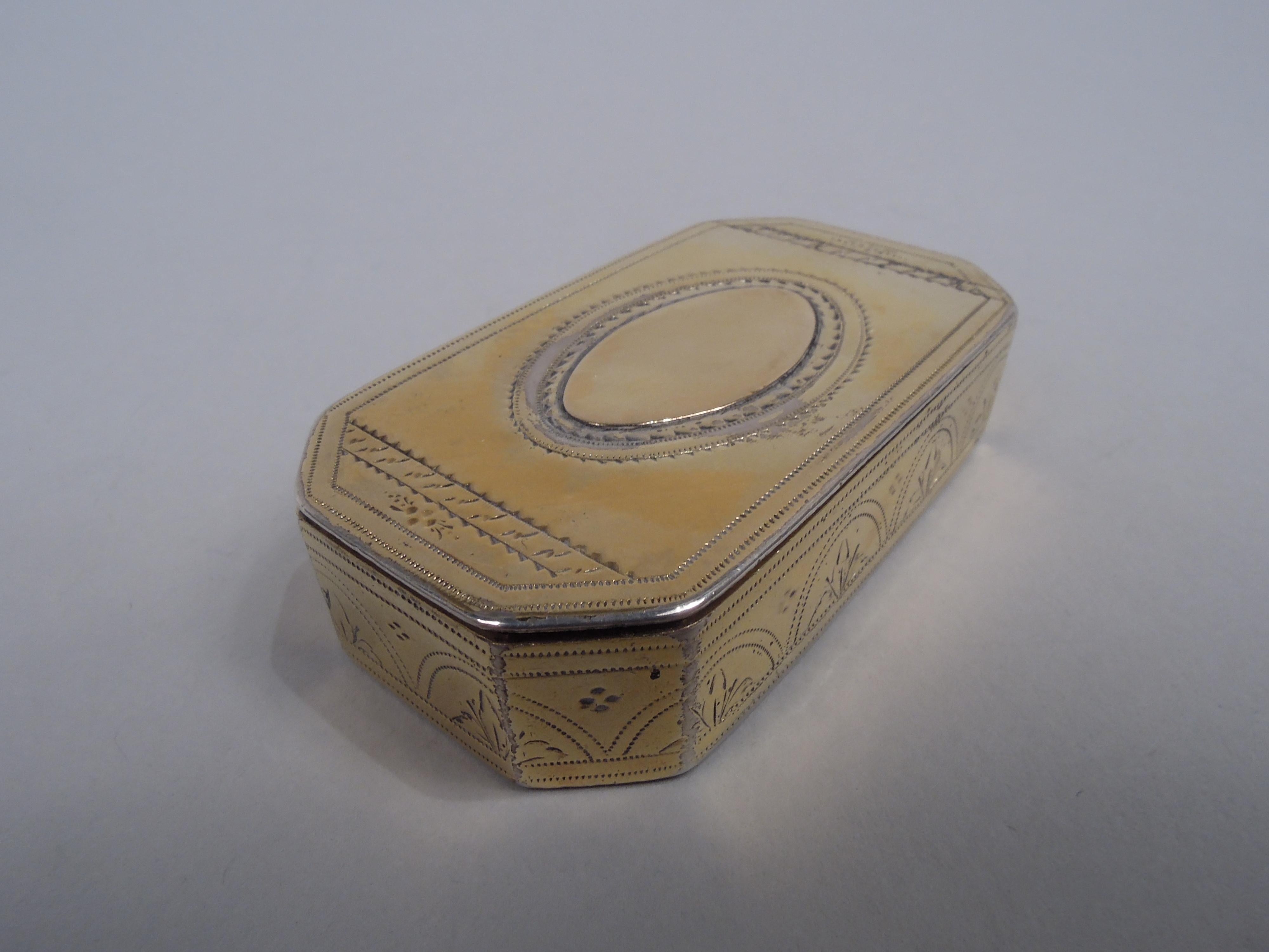 George III sterling silver snuffbox. Made by Samuel Pemberton in Birmingham in 1823. Rectangular with chamfered corners and flat hinged cover. Engraved Neoclassical ornament in pointillé borders. On sides acanthus leaf arcade. On bottom leaf in