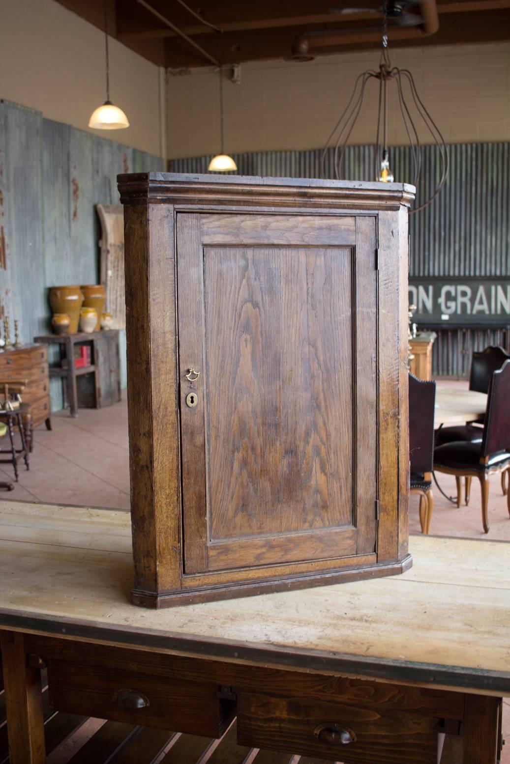 Georgian oak country corner cupboard with original shaped shelves and a panelled door.