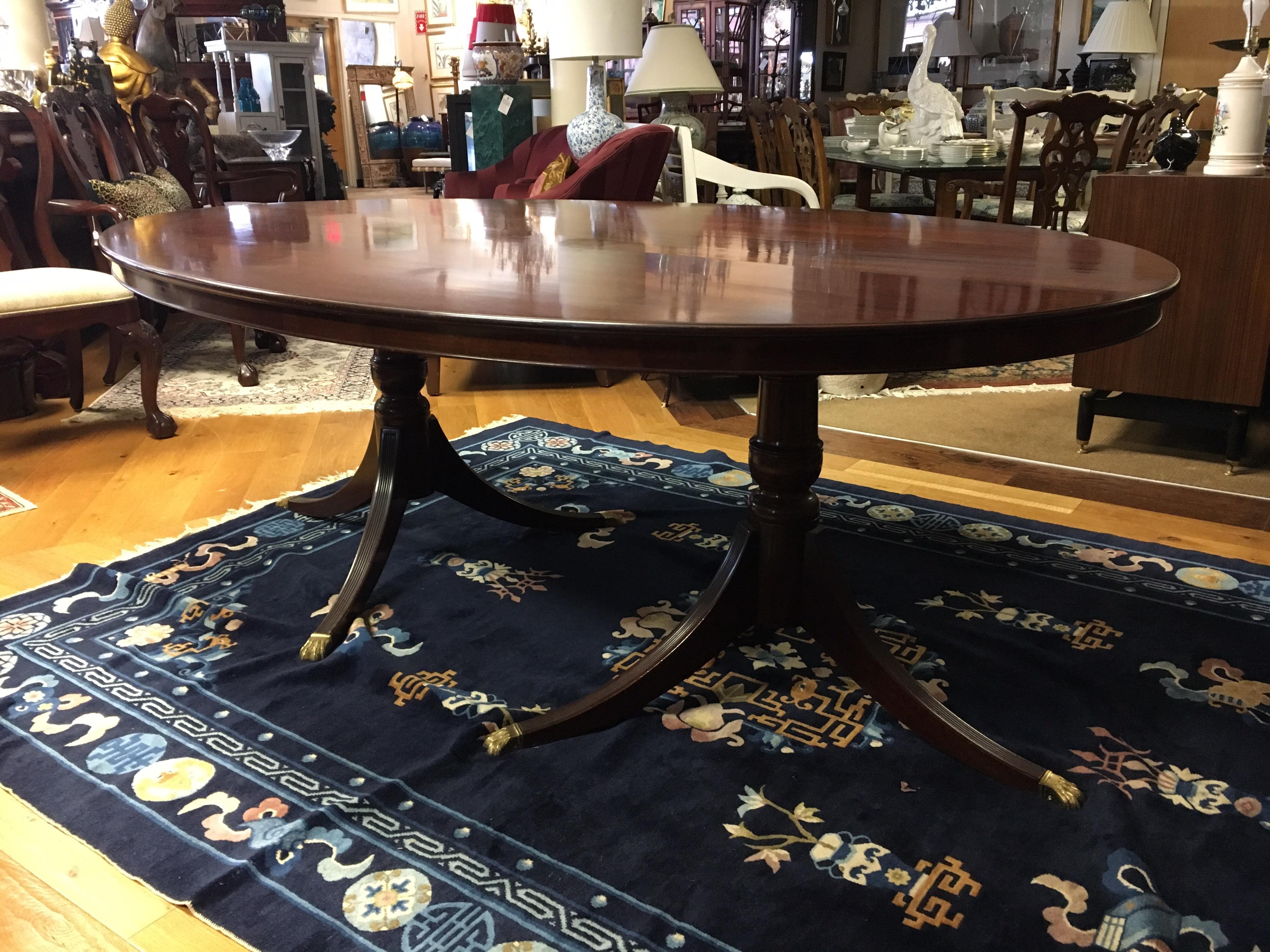Brass Antique English Georgian Oval Double Pedestal Dining Mahogany Table