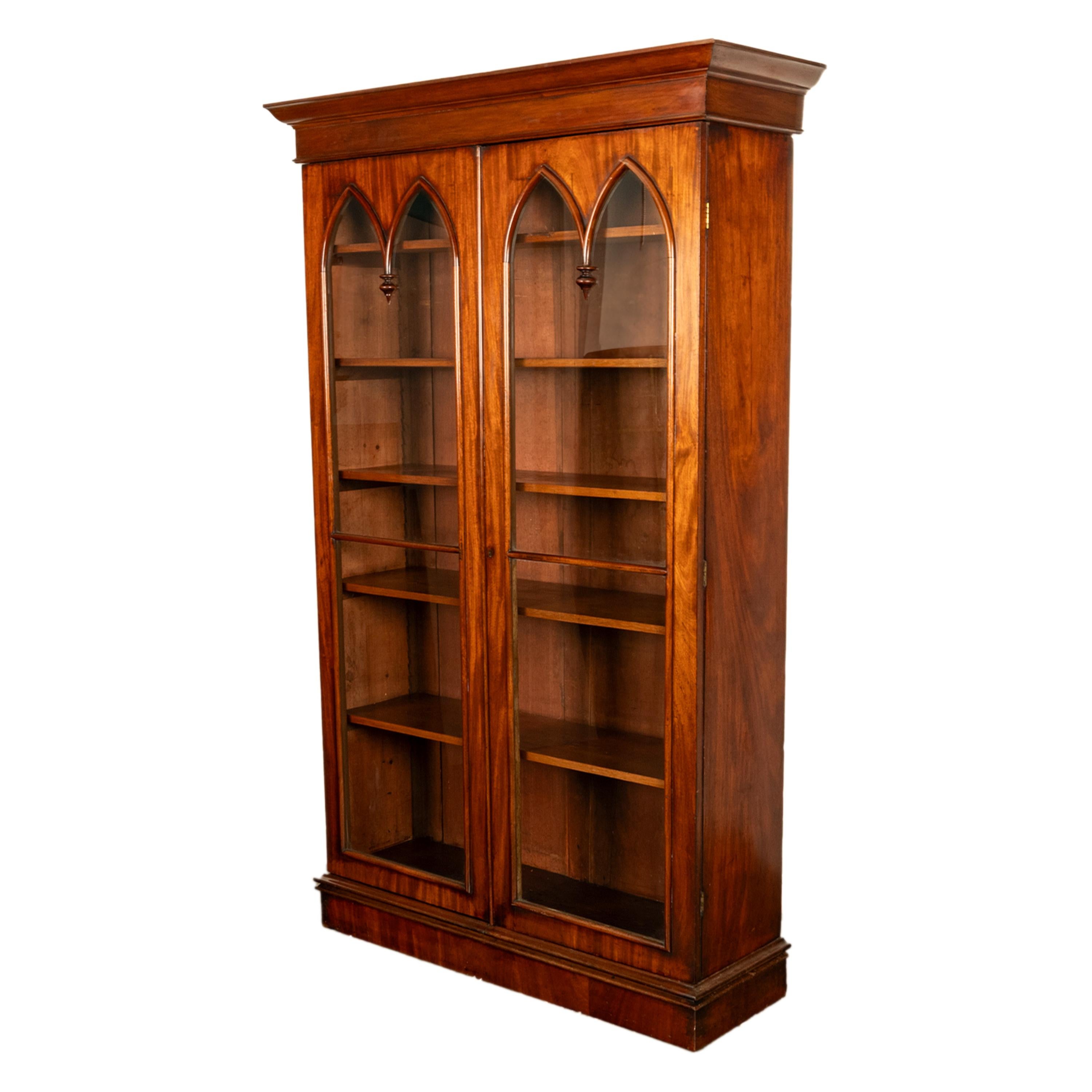 Gothic Revival Antique English Georgian Regency Gothic Arch Mahogany Two Door Bookcase 1830