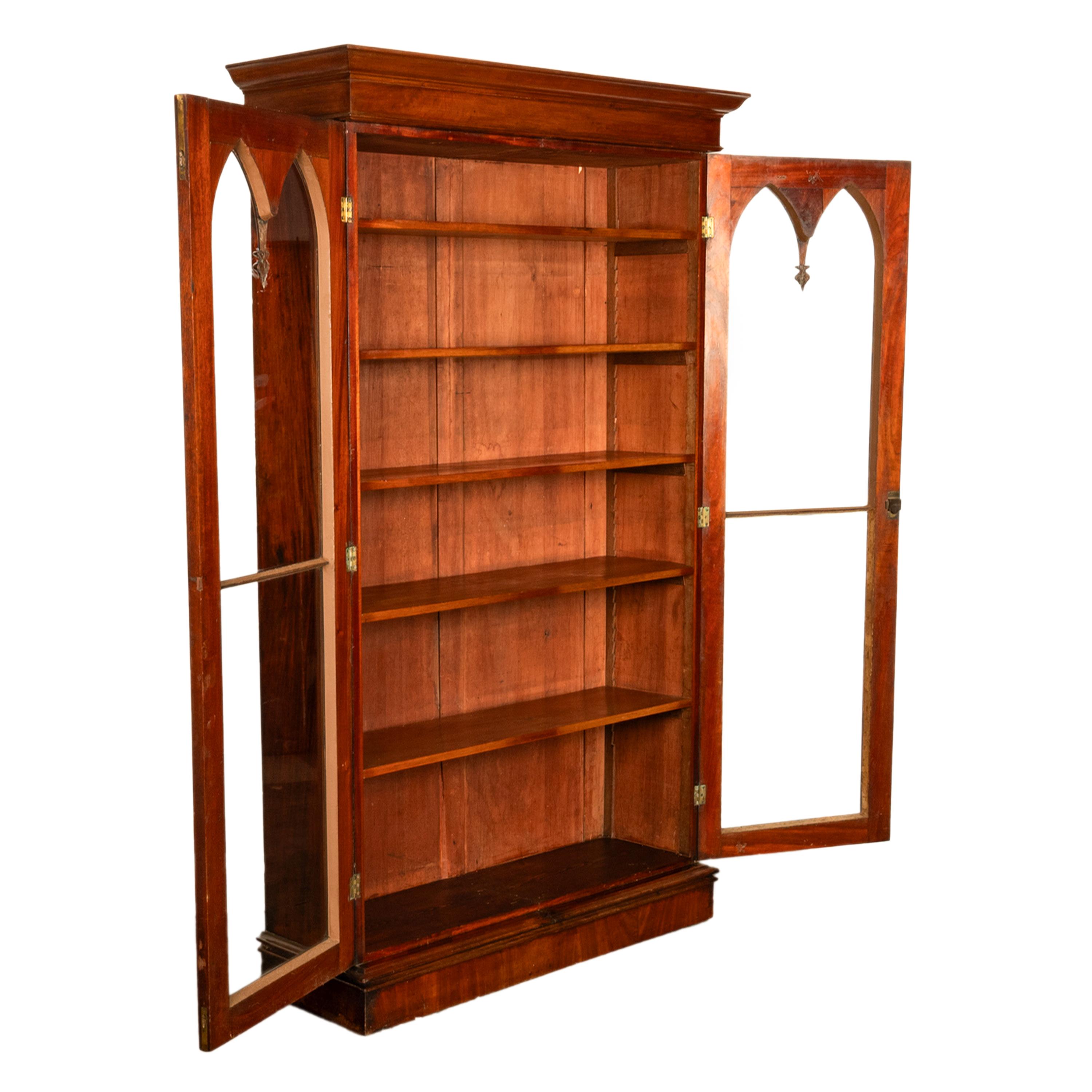 Antique English Georgian Regency Gothic Arch Mahogany Two Door Bookcase 1830 1